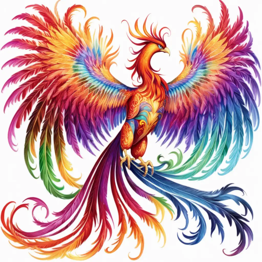 majestic, multicolor phoenix, on white background