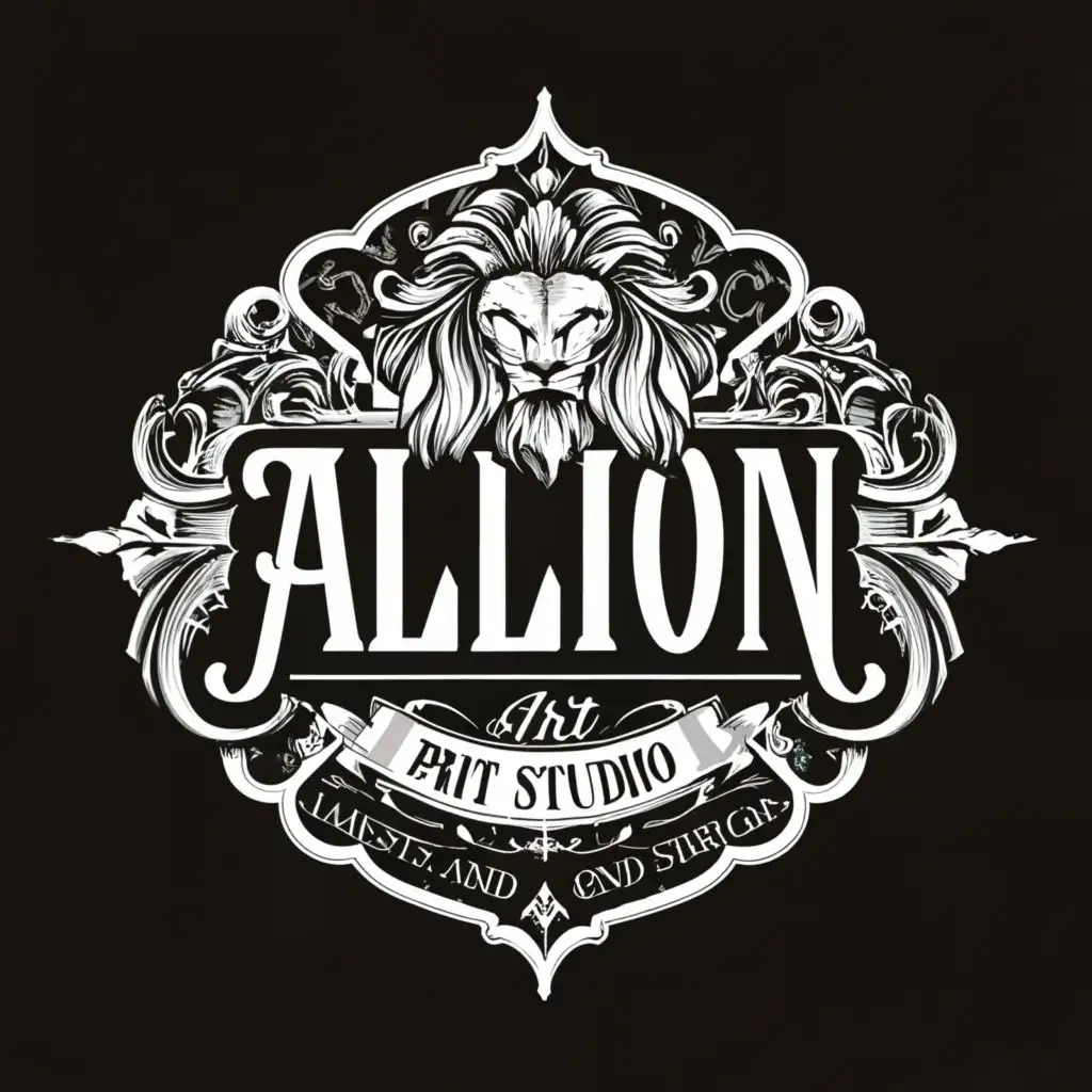 logo, in tattoo style in black and white, with the text "Allion Art Print studio", typography, be used in Entertainment industry