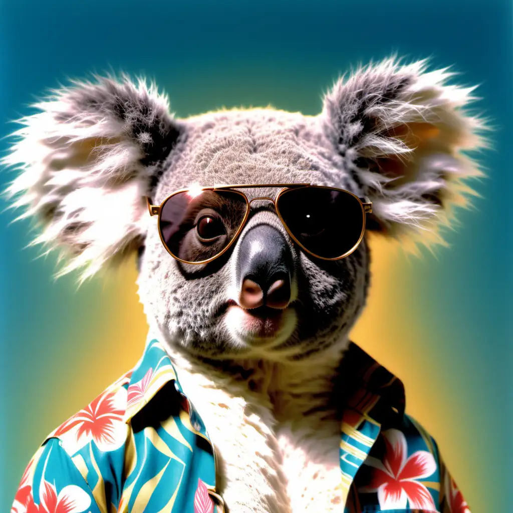 1980s poster of a koala wearing aviator sunglasses and a hawaiian shirt