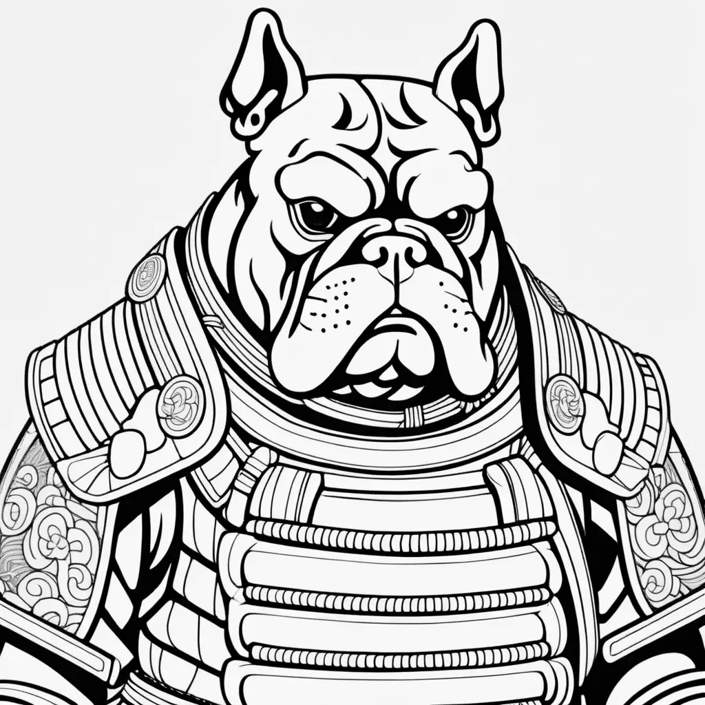 Samurai Bulldog Coloring Book Intricate Vector Lines in Striking Black and White