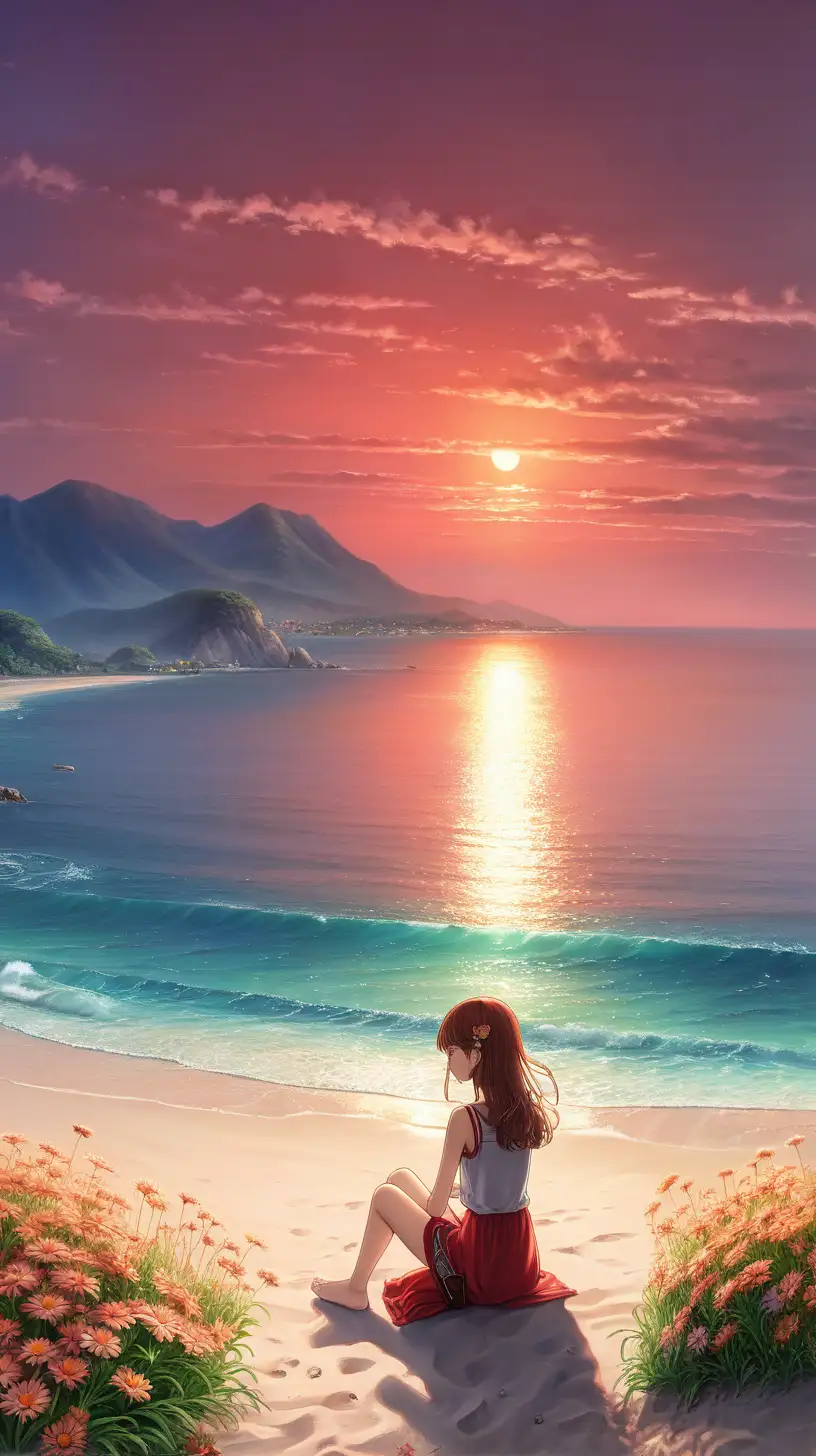 Serene Sunset Scene Girl Admiring the Horizon with Daisies
