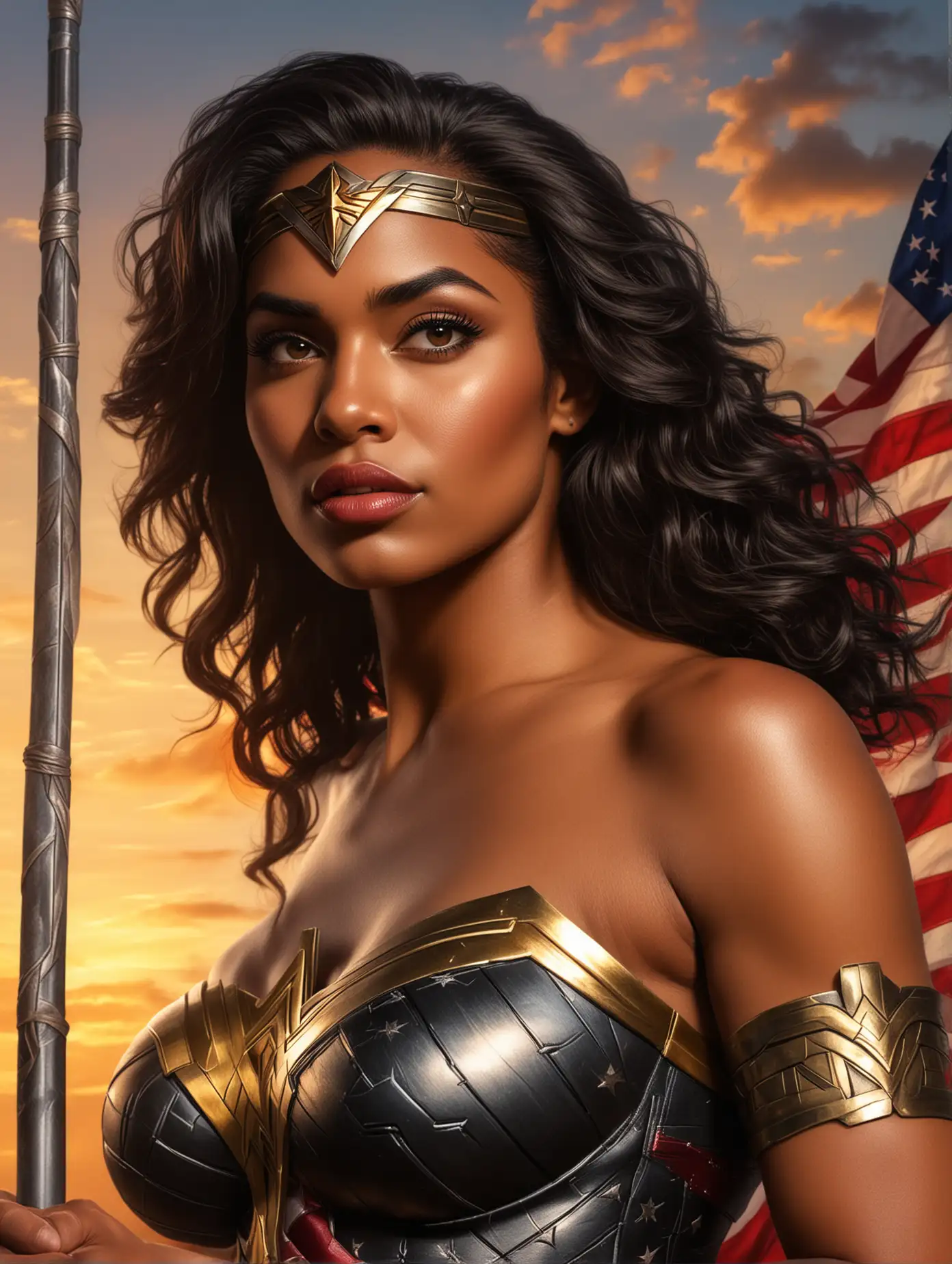 portrait of a black kenyan wonderwoman by artist Lucio Parrillo, closeup photo of front, heroic pose, realistic photo of Sanaa as Wonder Woman, (busty:0.8), big boobs, wearing a wonder woman outfit, arms folded, amazing sunset sky background with american flag, (masterpiece:1.0), (best quality:1.0), flash photography, realistic, dramatic lighting, analog-photo,