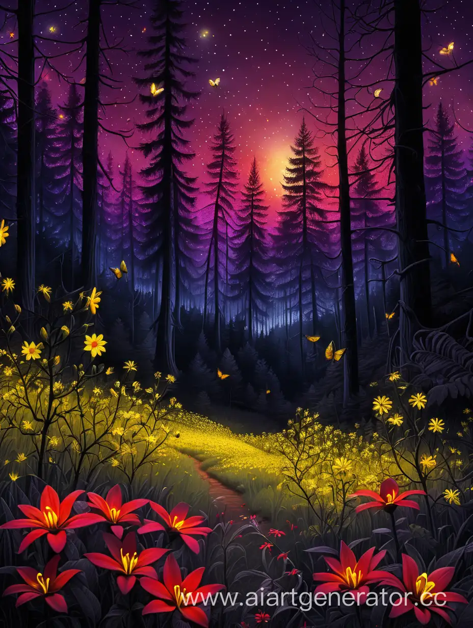 Красно-чëрный лес, жëлтые цветы с шипами, светлячки и фиолетовое небо густой лес ночью
