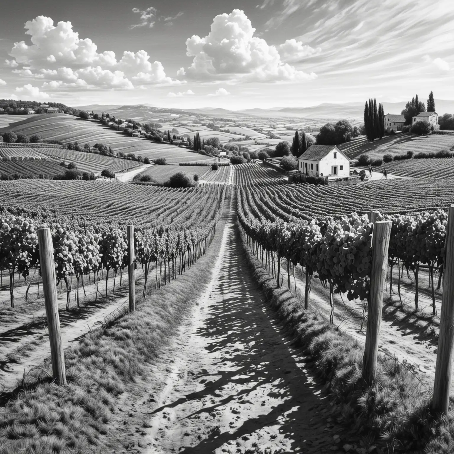 create a pencil drawn illustration of vineyard in black and white color