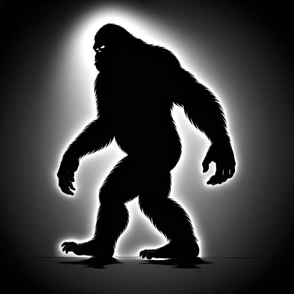 Draw a 2D silhouette of Bigfoot in black shadow