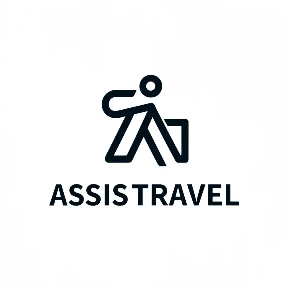 a logo design,with the text "AssisTravel", main symbol:AT, and the visually impaired people, black and white,Moderate,be used in Nonprofit industry,clear background