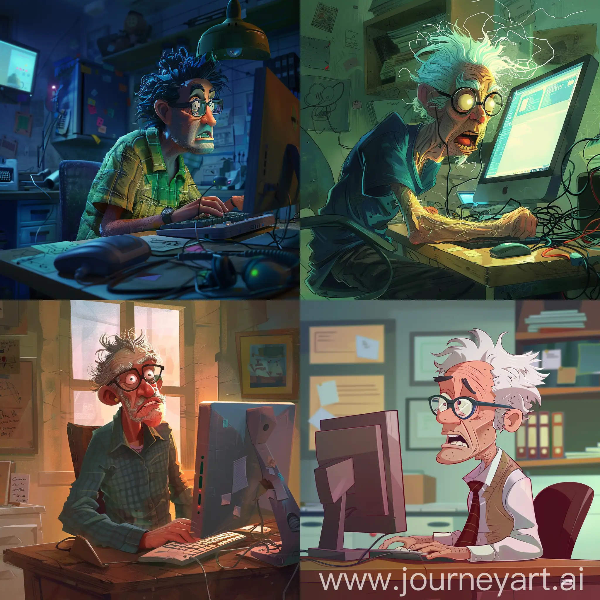 A crazy programmer is sitting at a computer. pixar style