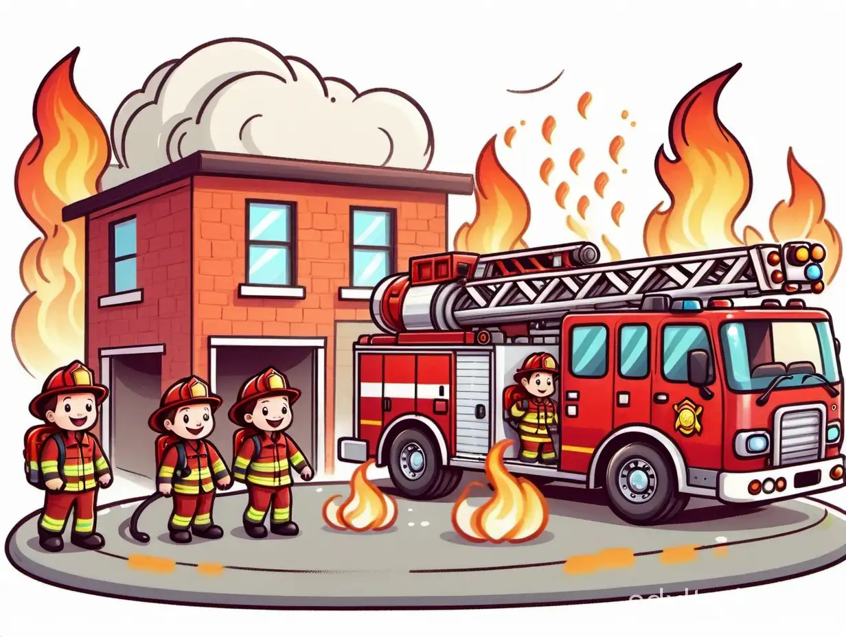 Fire safety themed cartoon drawing Firefighters saving civilians in the building Fire truck Firefighting Ambulance Fire