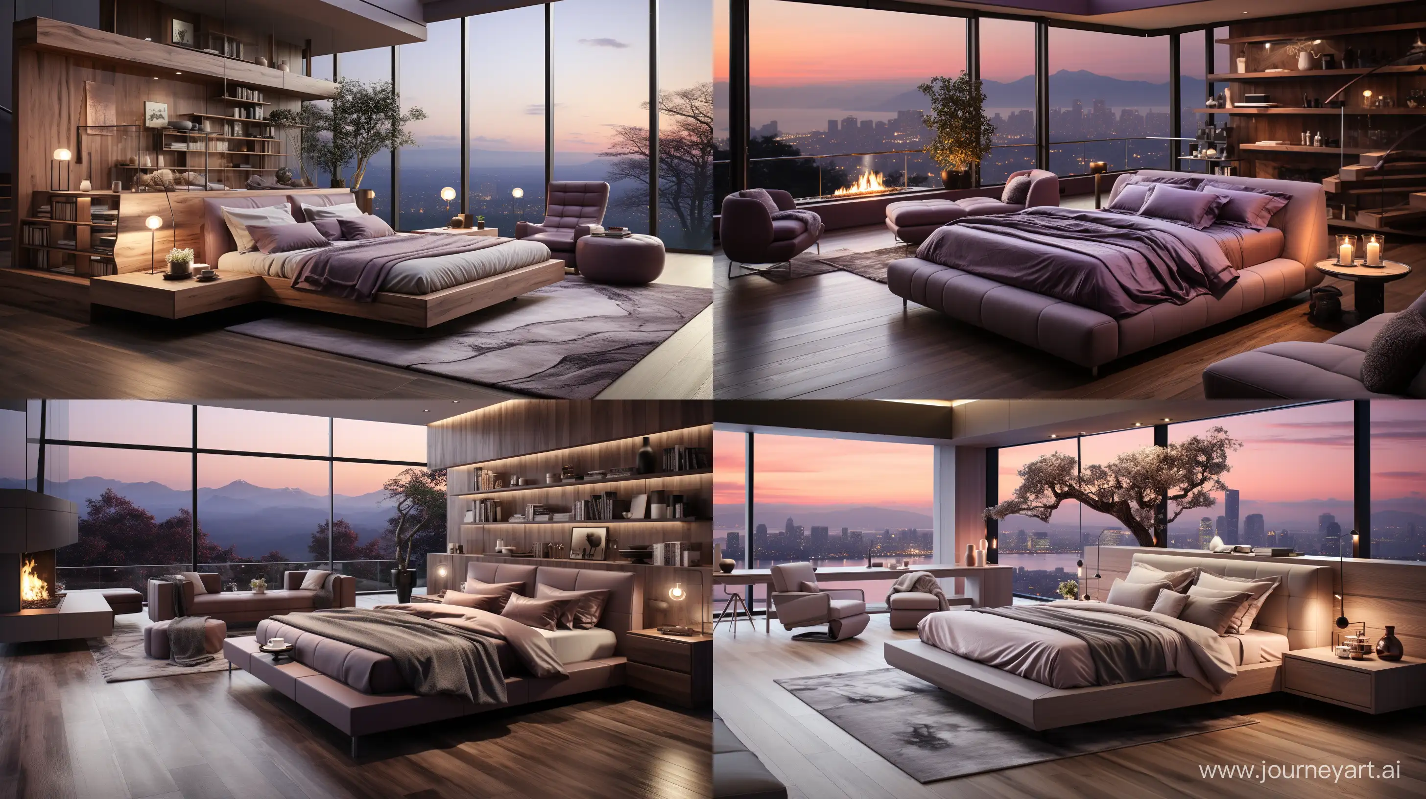 nterior design, bedroom, modern
style, ecological home design
penthouse, neutral colors , mauve
accent color, luxious style,
realistic shot --ar 16:9 --s 1000