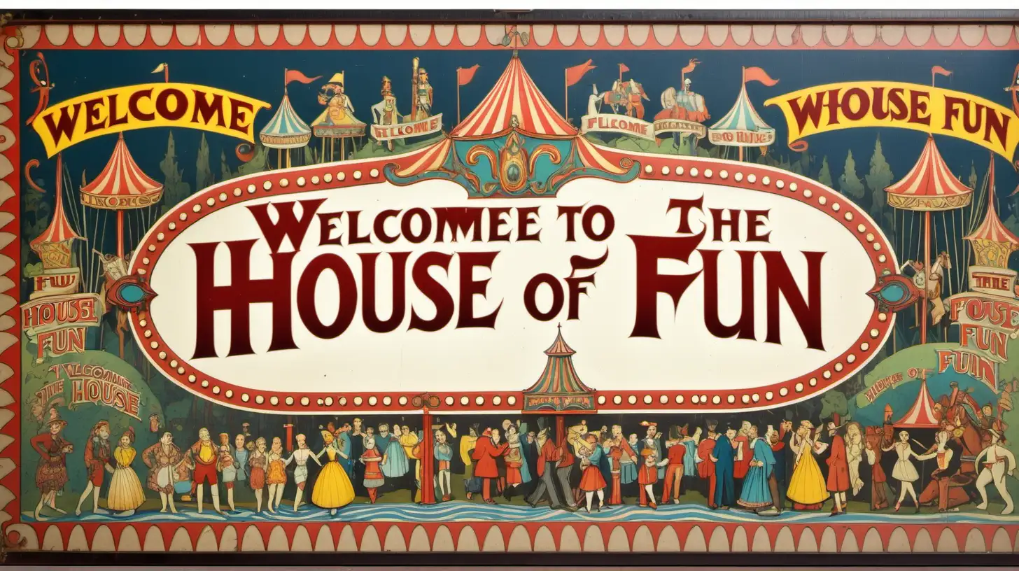 vintage english fairground sign "Welcome to the House of Fun" in the style of Ivan Bilibin
