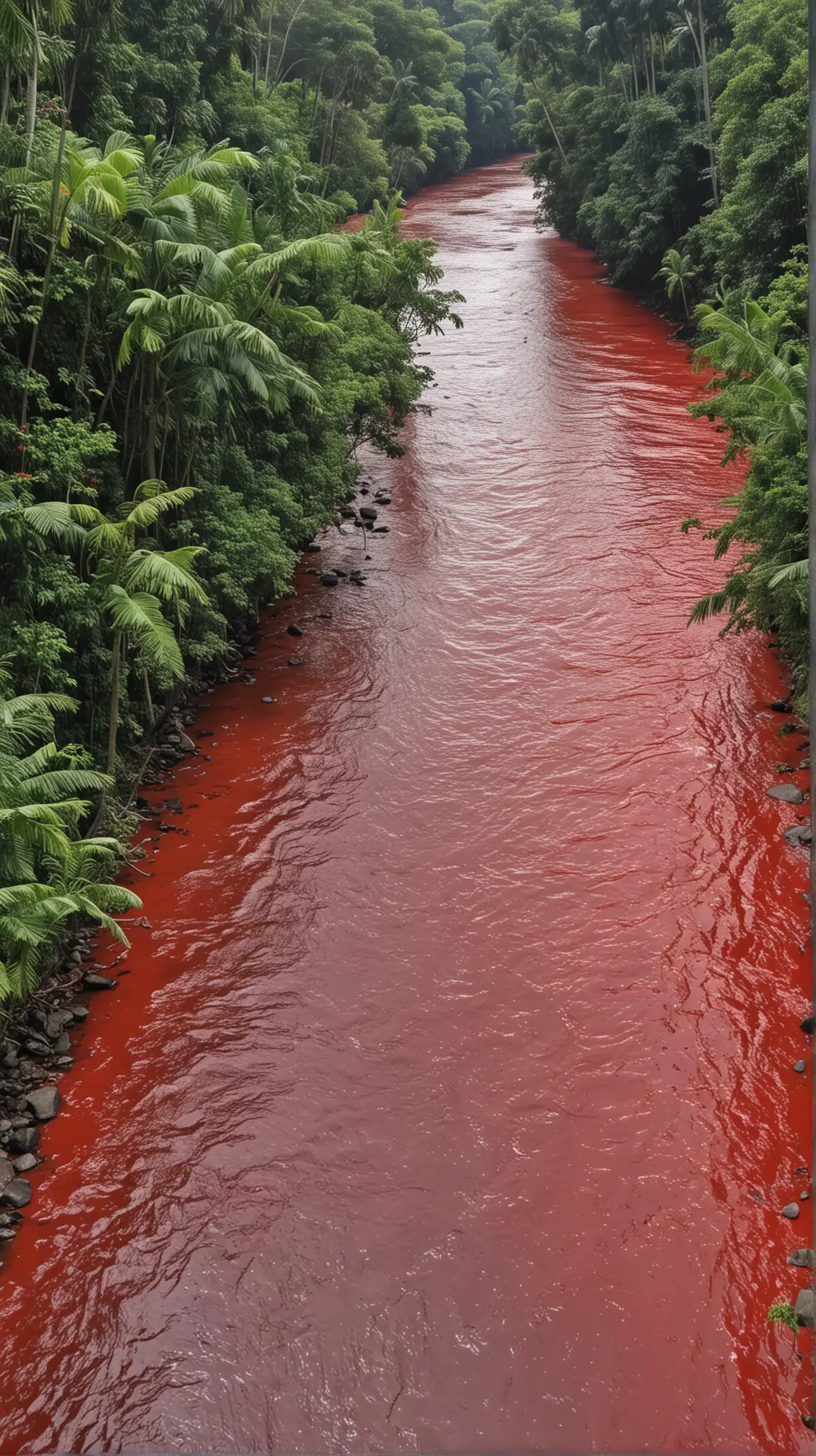 rivière tropicale ensanglantée  
de proche