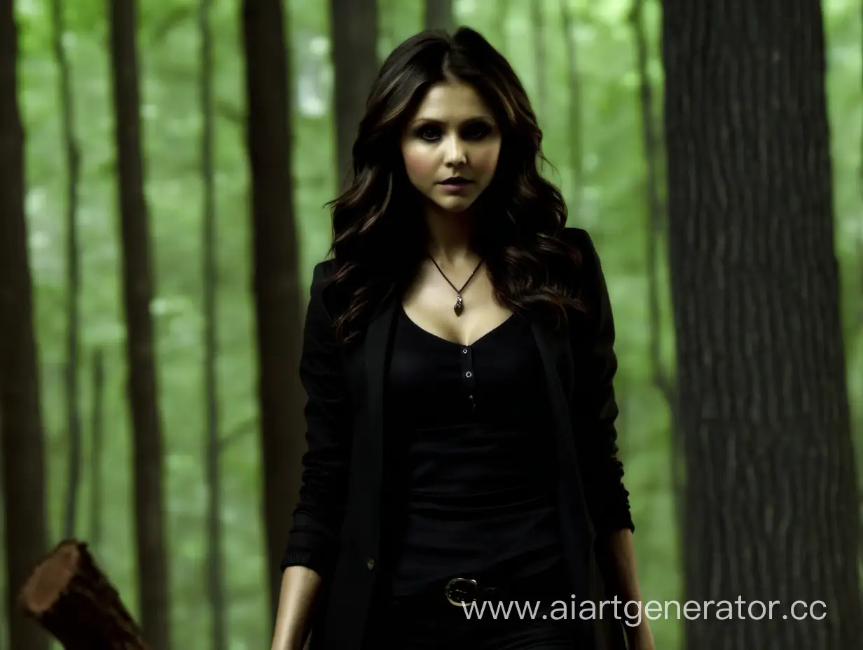 The Vampire Diaries Nina Dobrev as Katherine Pierce, skinny in black clothes, in the woods.