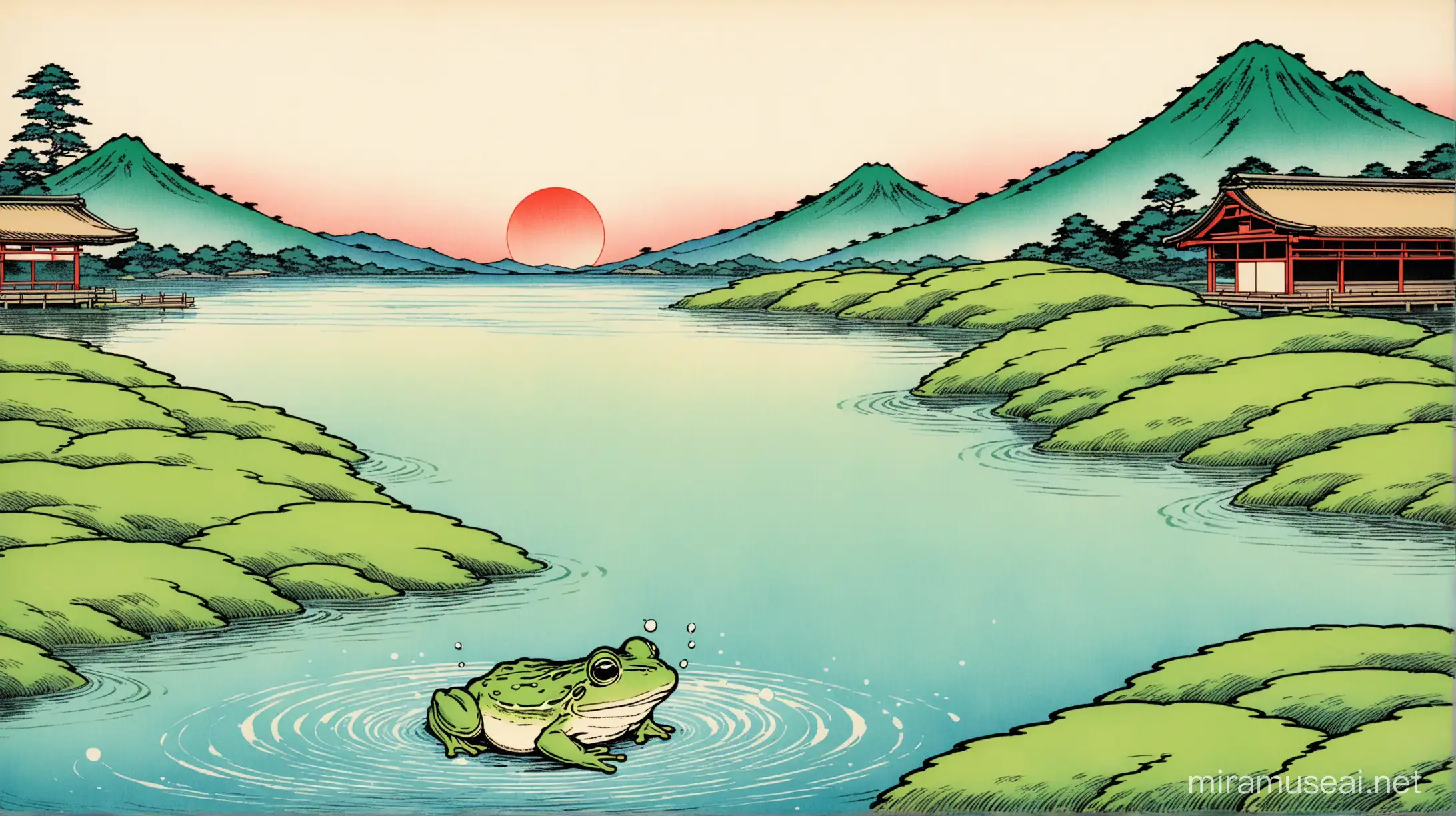 古池 / 蛙飛び込む / 水の音. Hukusai style 