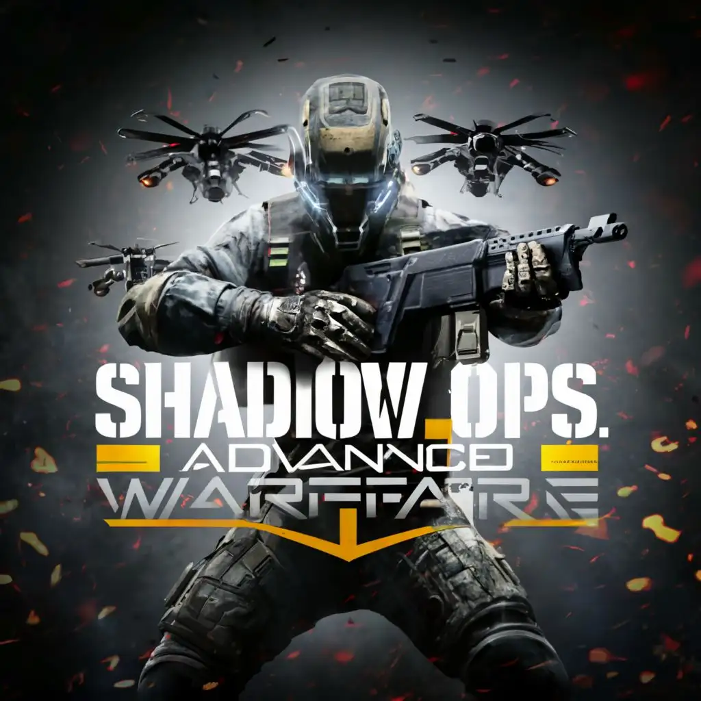 logo, Guns and drones, with the text "Shadow Ops: Advanced Warfare", typography, be used in Entertainment industry