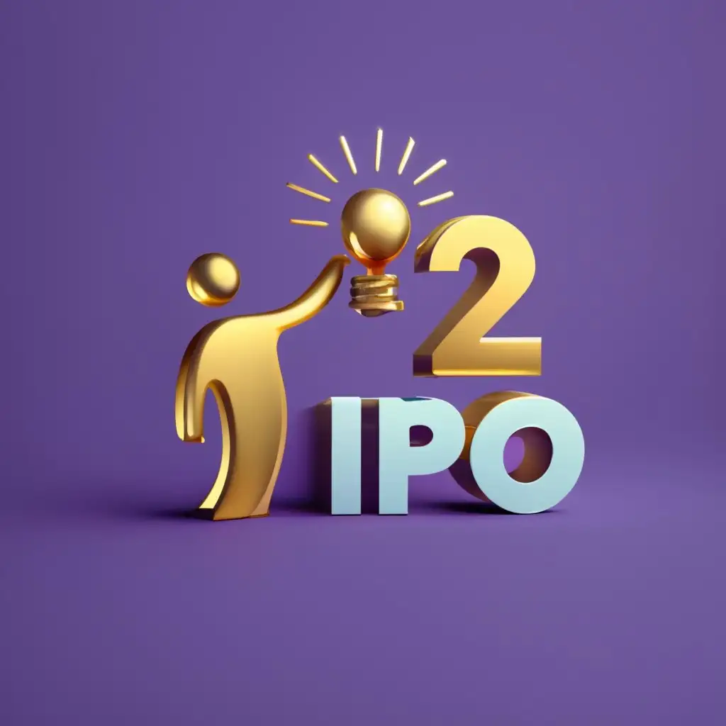 high contrast 3d logo, golden color with purple background, a happy man like symbol R & D holding a sparkling fire or a shining lamp with meaning of enlightening others, with the text "2ipo", typography, be used in Technology industry