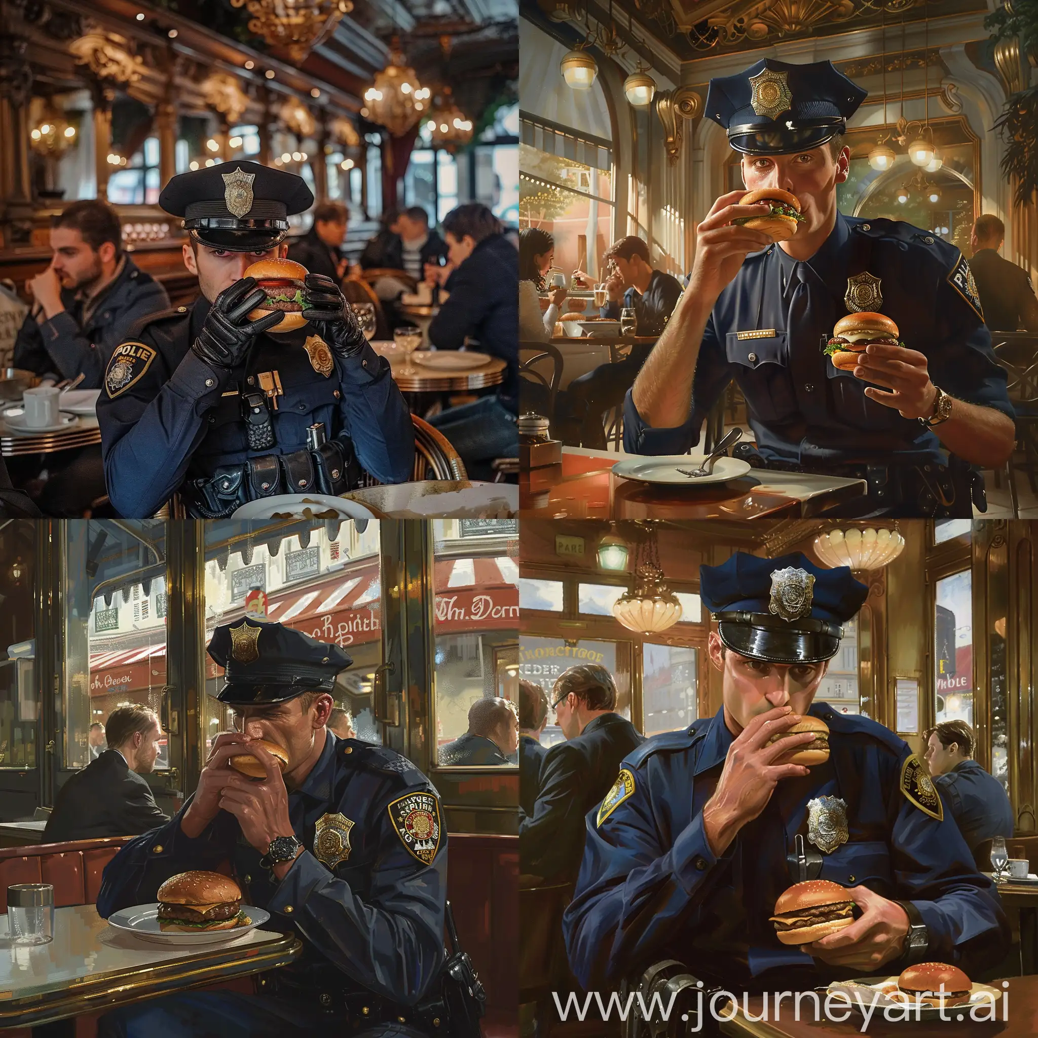 un policier parisien entrain de manger un hamburger dans resto