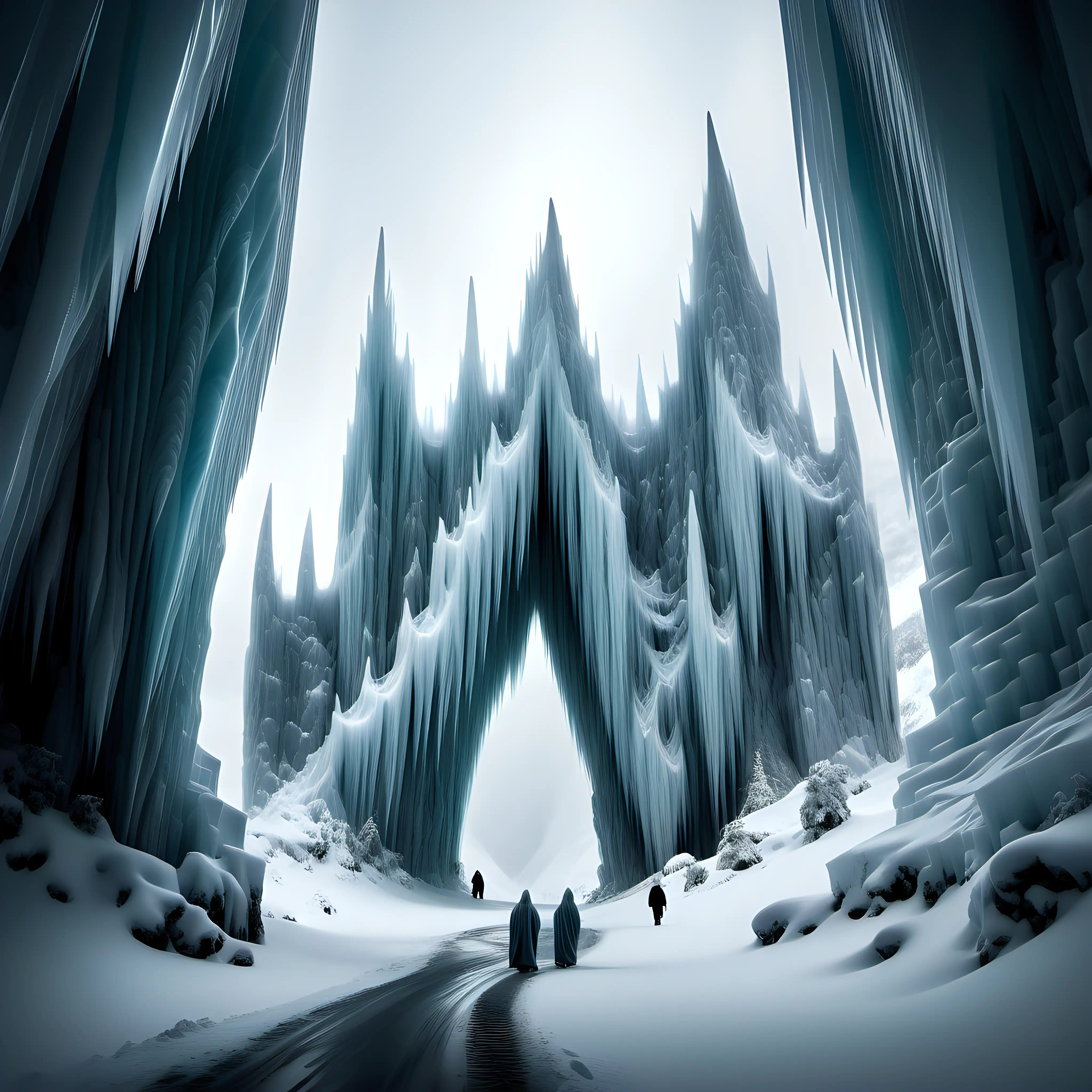 Mystical Snowstorm Adventure Cloaked Figures in Ice Castle Mountains