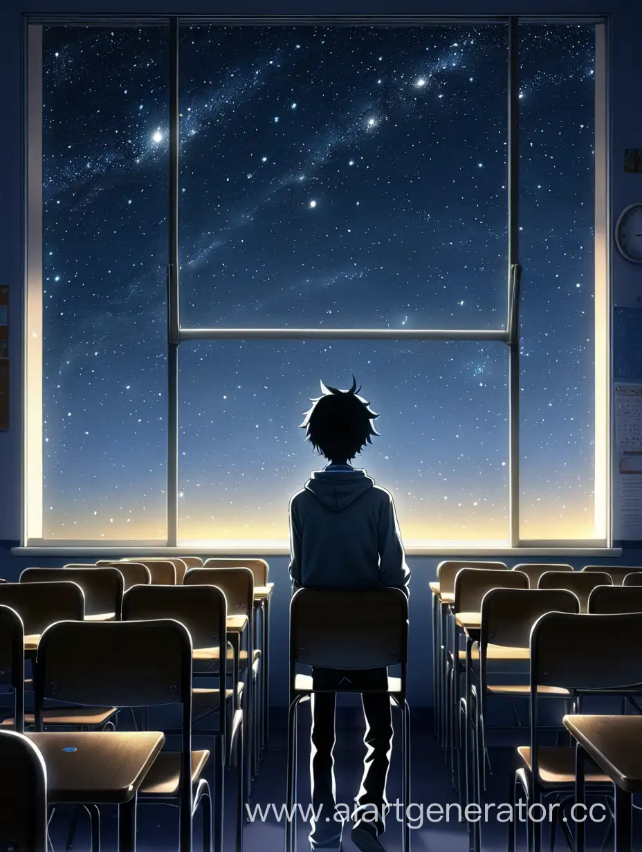 #Anime The guy looks out the school window at the stars. He's alone in the classroom at night.