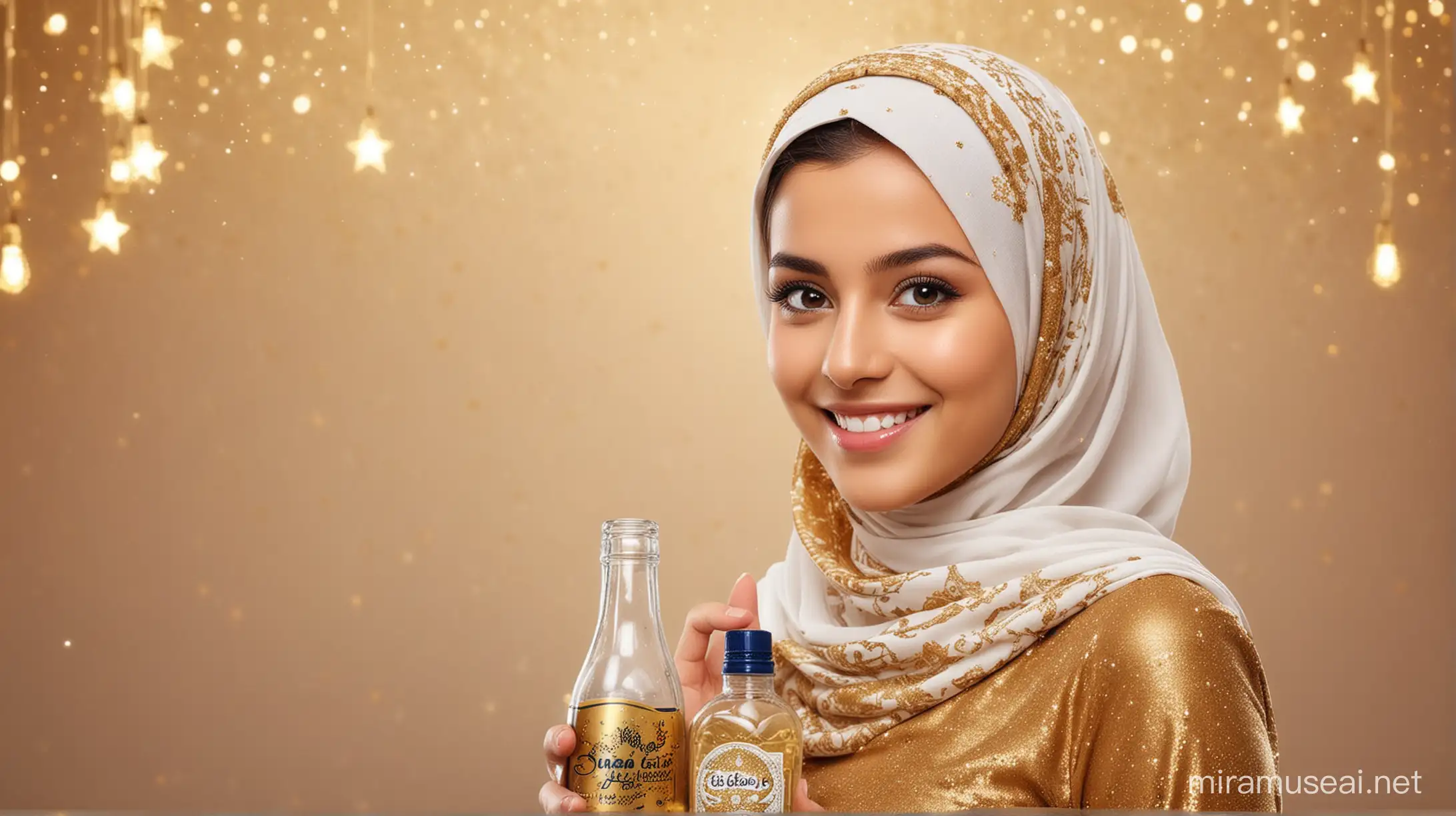 7 year only beautiful muslim girl wearing hijab with cute smile,white skin with eid festival background, with one bottle on hand, mid photo up to belley,graphics eid festival bg, glossy golden back ground with sparkles, and stars, right aranged photo boobs size 34, right aranged
