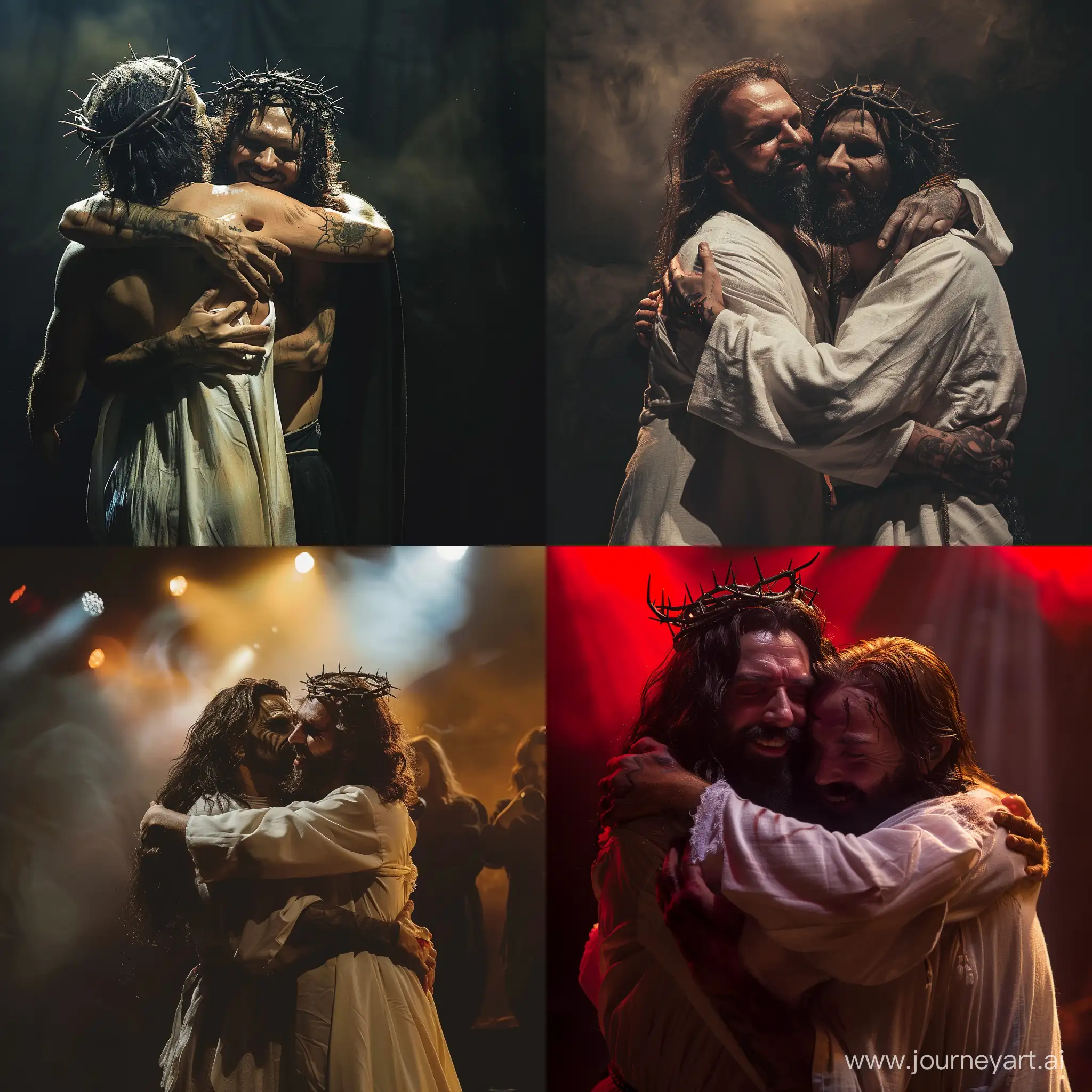 Satan hugs with Jesus, on the stage, concert, professional photo, cinematic light, ultra realism