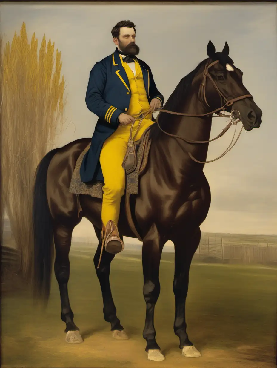 1870s Oil painting of a man on a horse wearing a Jacket with a block M, maize and blue color pallete 