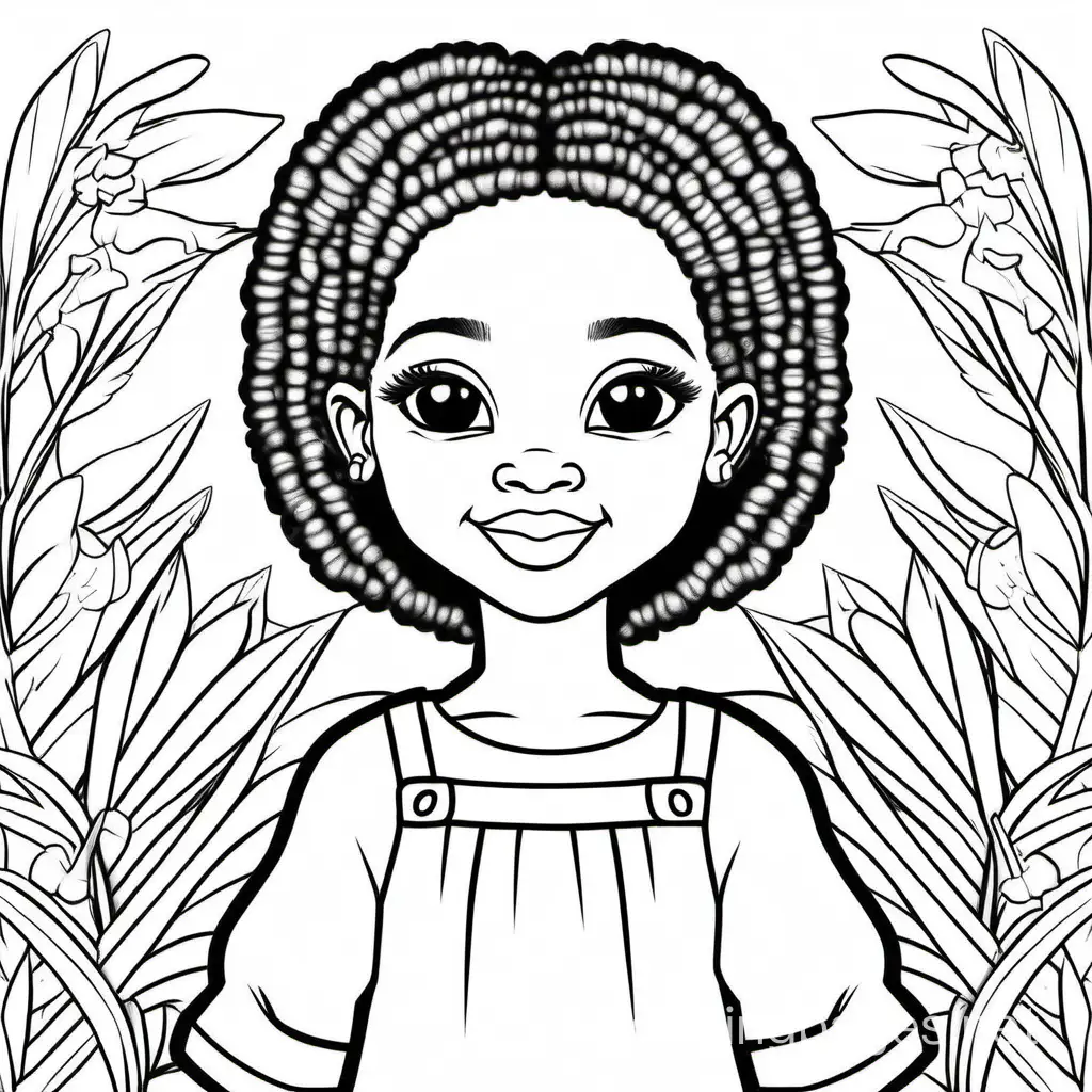 african american little girls, Coloring Page, black and white, line art, white background, Simplicity, Ample White Space. The background of the coloring page is plain white to make it easy for young children to color within the lines. The outlines of all the subjects are easy to distinguish, making it simple for kids to color without too much difficulty