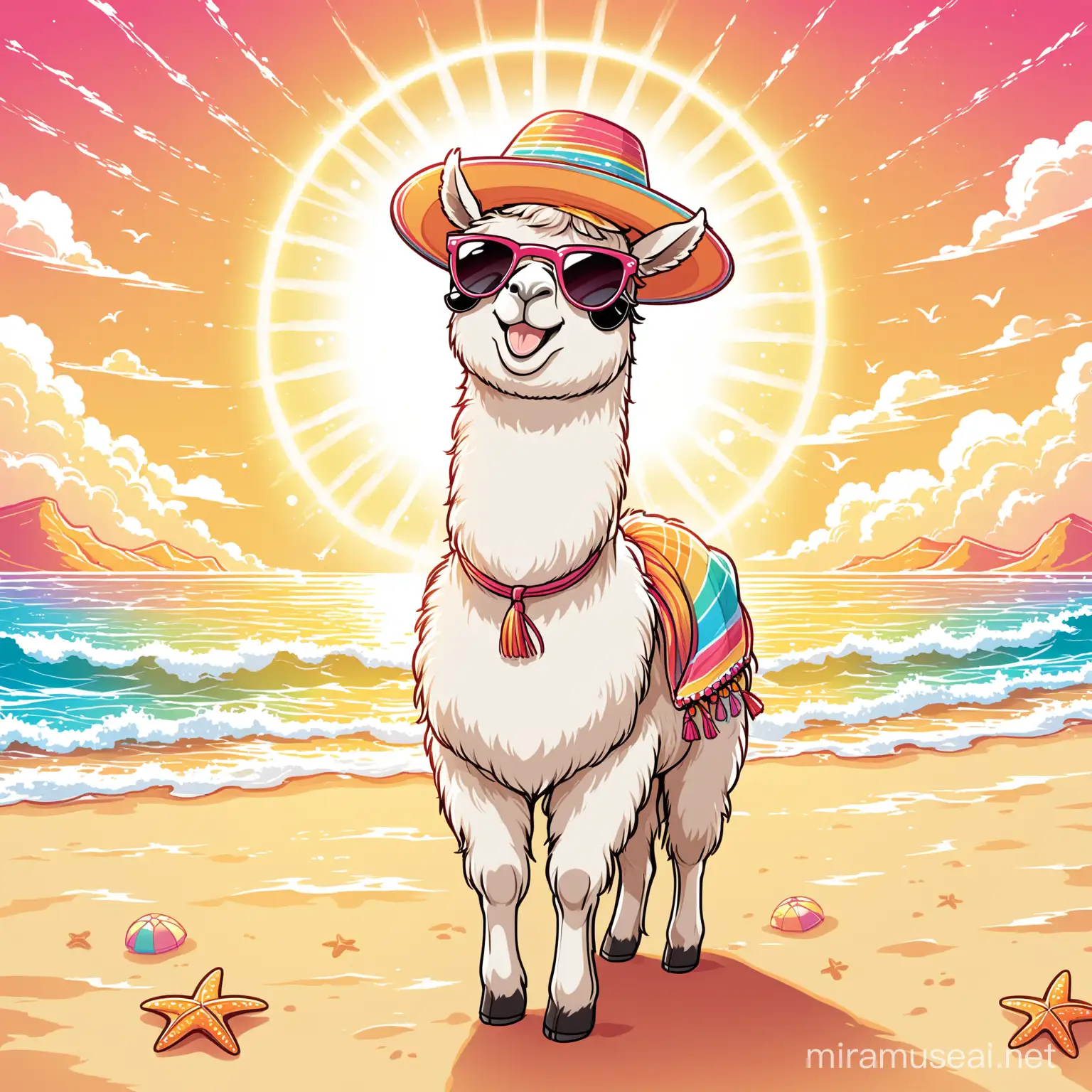 A delightful vector lineart illustration of a cute, happy llama enjoying the summer vibes. The llama is wearing a colorful summer hat and sunglasses, and is standing on a sandy beach with waves gently rolling in. There's a playful sun in the background, casting warm sunlight on the scene. The overall ambiance of the image is cheerful and fun, perfect for evoking the spirit of summer.
