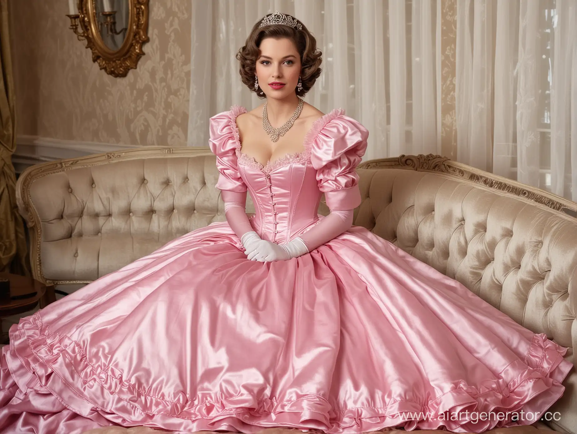 Luxurious-Queen-in-Pink-Satin-Dress-with-Steel-Corset-and-Big-Curls