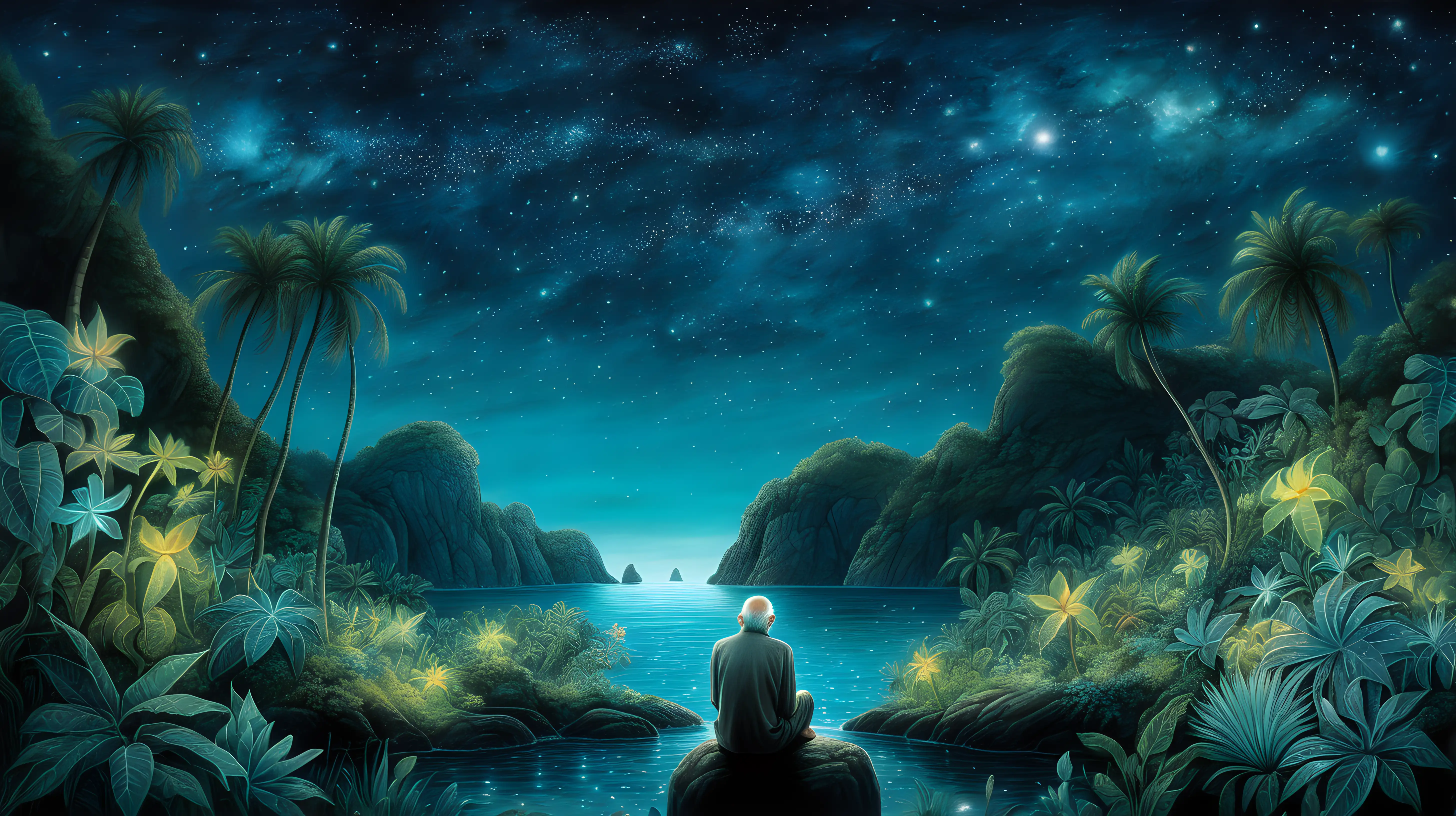 Illustrate the old man in a contemplative pose, surrounded by a sea of bioluminescent plants, the night sky above twinkling with stars, conveying a sense of mystery and adventure in the magical jungle.