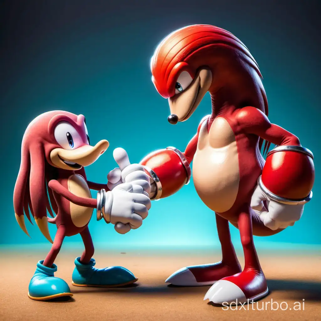 Knuckles the echidna shaking hands with Rayman.