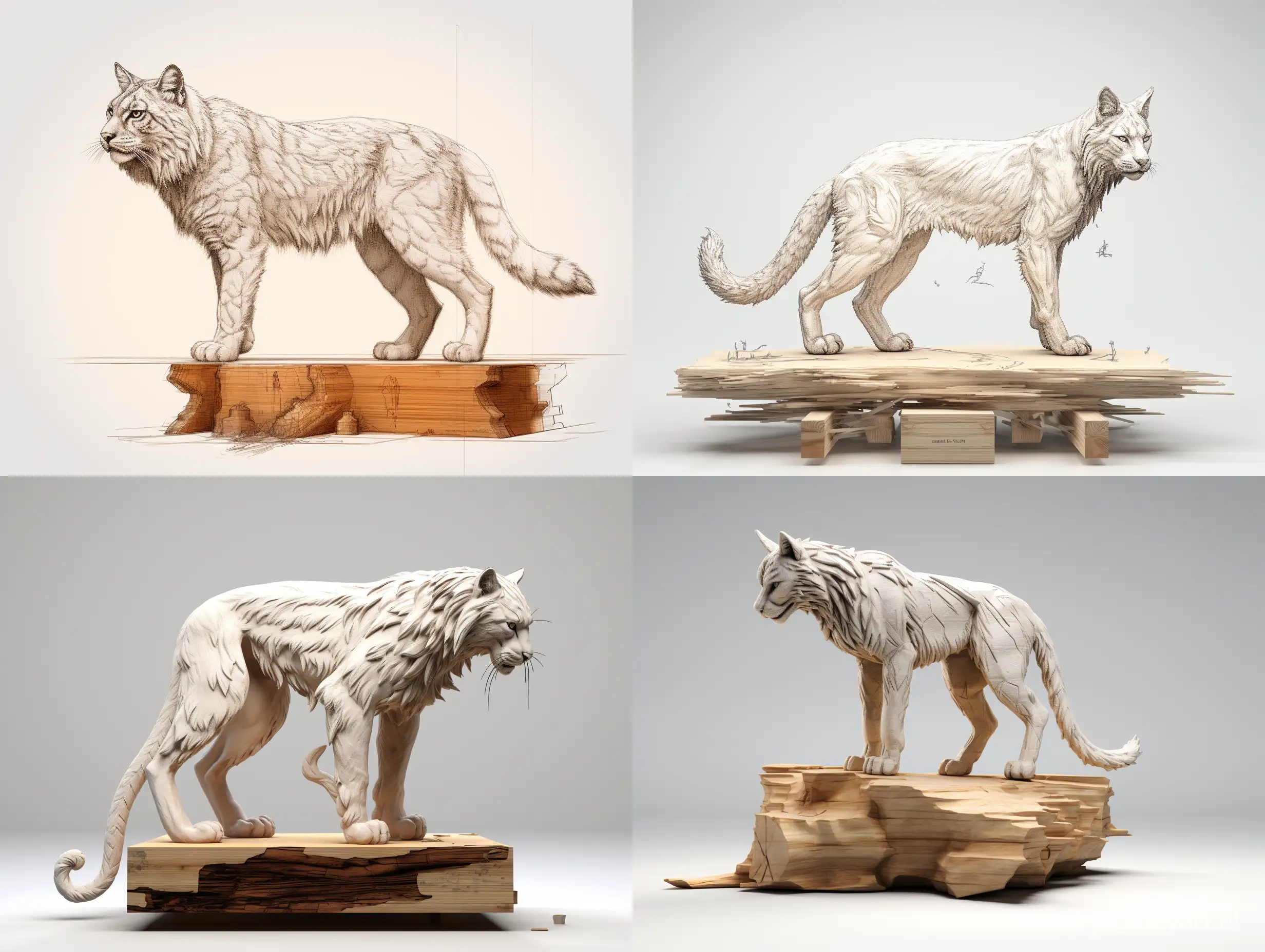 Professional wood carving sketch, life size lynx stands on a large wooden cube, concept art, professional dynamic character, back view, wood carving, ready for battle 3d, white background, 8k render, ultra realistic