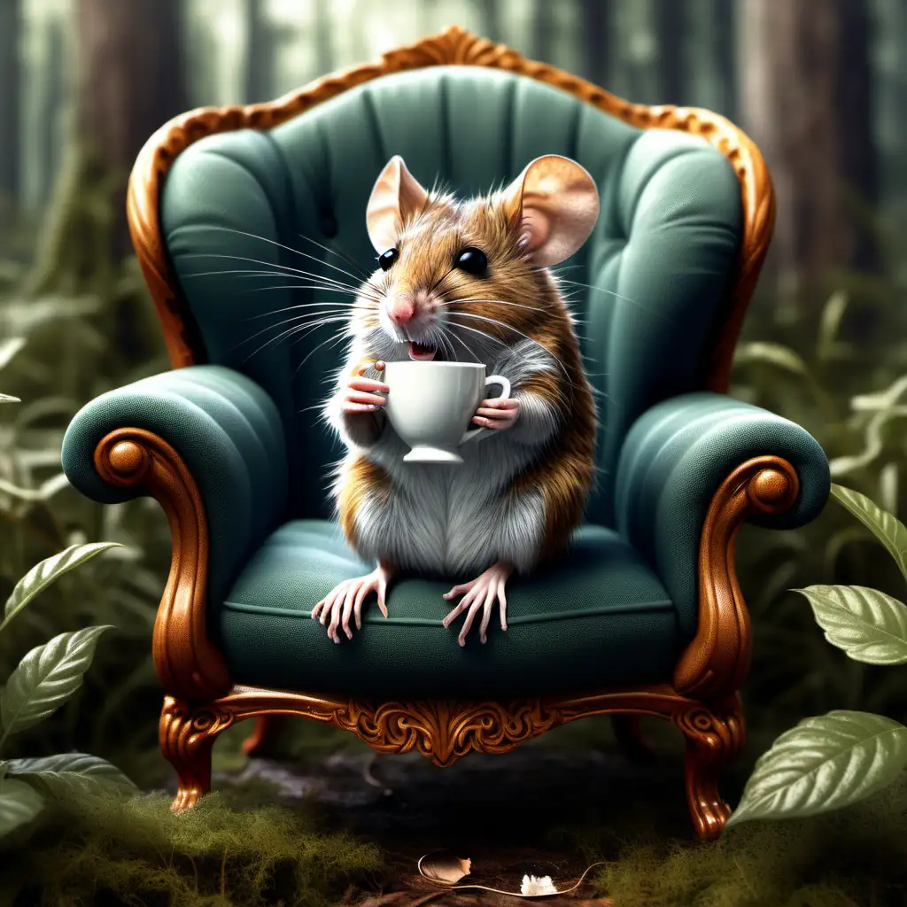 Cute field mouse, sitting in an armchair drinking a cup of tea in the forest, intricate detail, realistic, digital art.