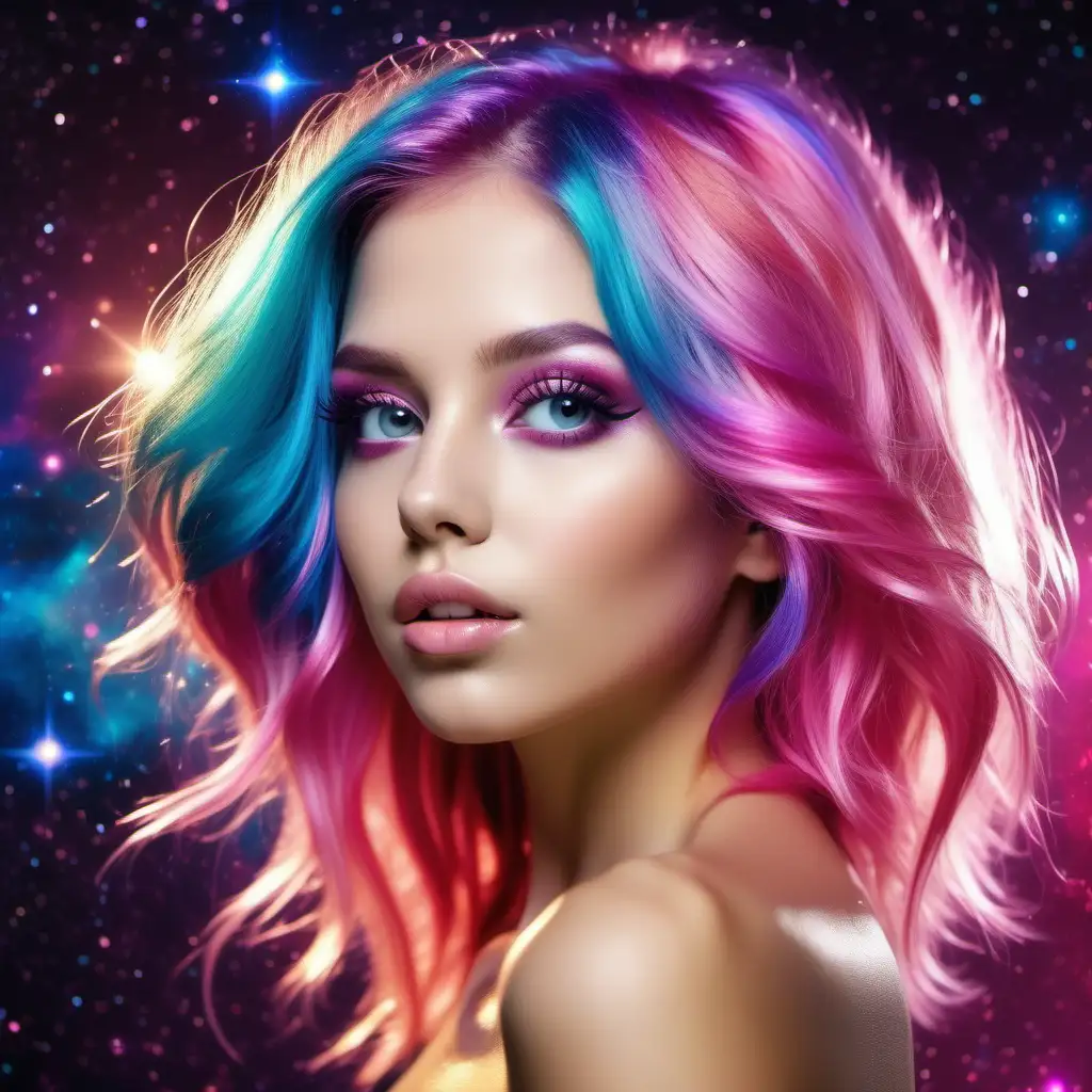 A beautiful woman with multi-colored hair, a fit and toned silhouette, radiant-glitter galaxy-colors lips, beautiful pink eyes, 22 years old. Perfect body