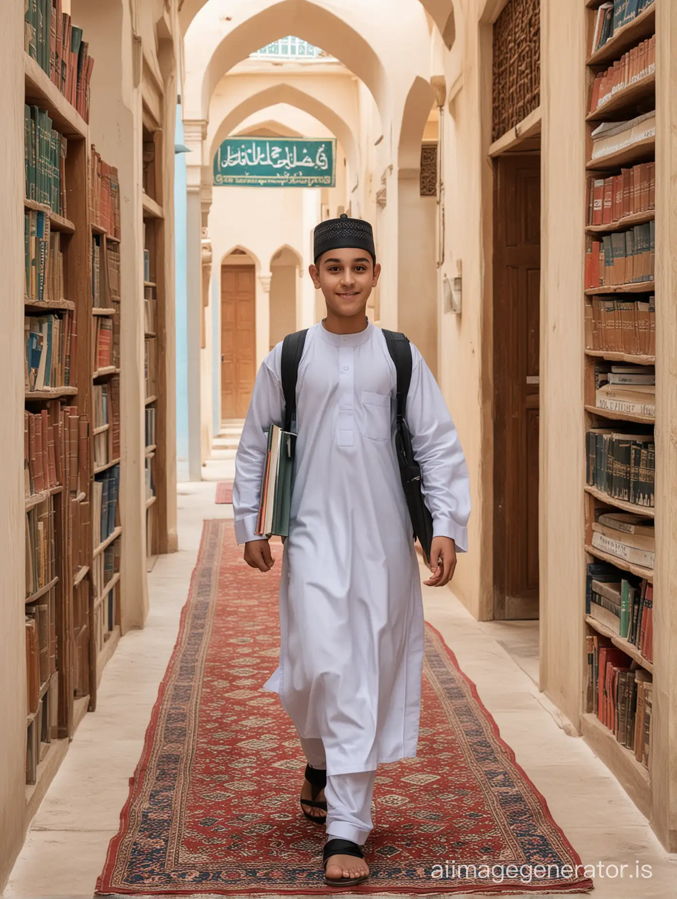A madrasa student wearing a jubba cap is going to the madrasa with books