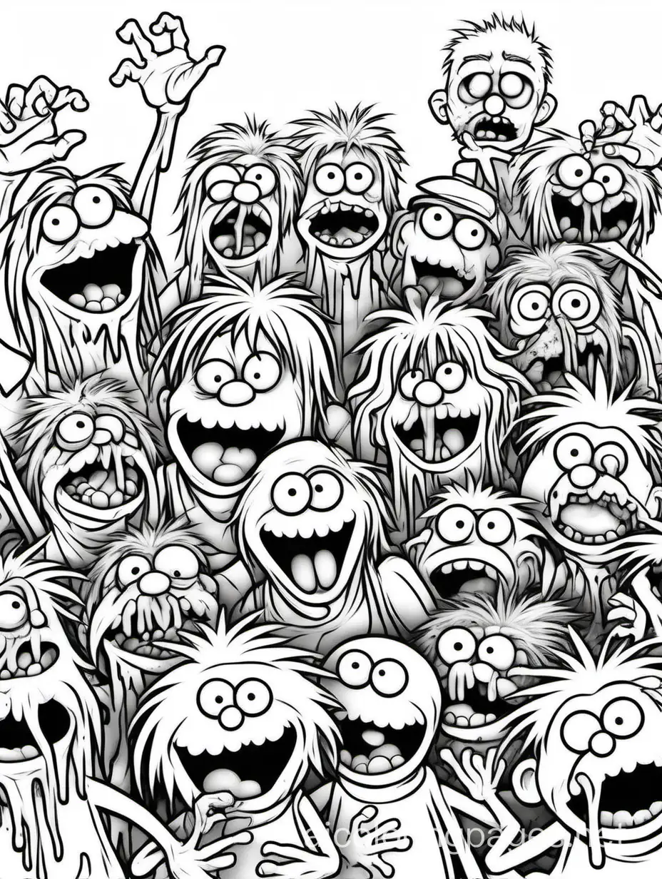 zombies eating muppets, Coloring Page, black and white, line art, white background, Simplicity, Ample White Space. The background of the coloring page is plain white to make it easy for young children to color within the lines. The outlines of all the subjects are easy to distinguish, making it simple for kids to color without too much difficulty