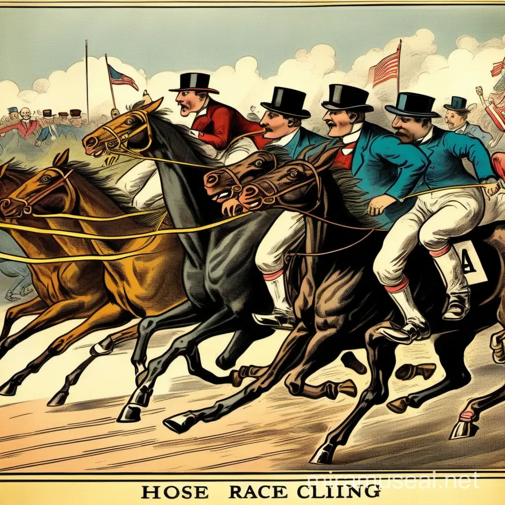 1890s Style Political Cartoon Horse Race Crossing the Finish Line with Men and Women