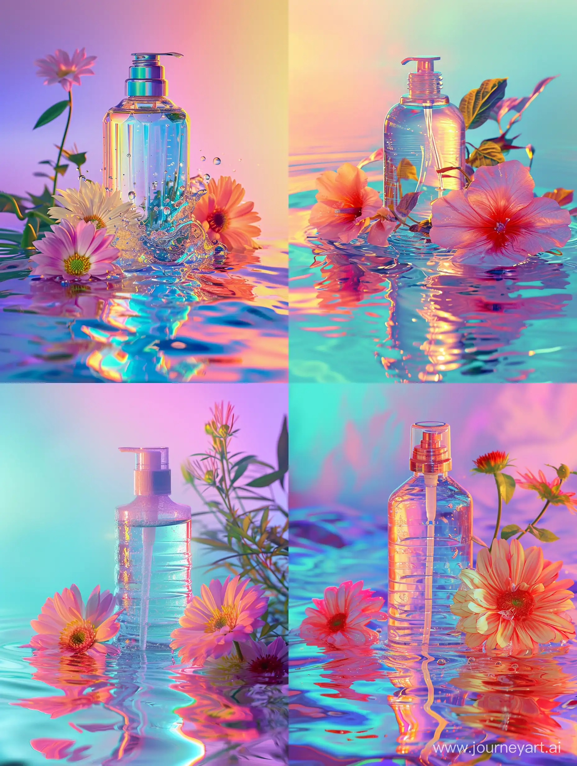 The shampoo bottle is surrounded by water and colors, and the background consists of a gradient. The water plays with its transparent shades, allowing you to see the bottle and the reflections of the flowers in it. The flowers next to the bottle add bright and juicy shades to the overall composition. The gradient background can be of any color, where one shade flows smoothly into another, creating a nice and smooth transition between colors. All together it creates a beautiful and calming picture around the shampoo bottle.