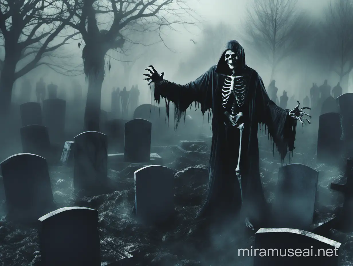 Dark Necromancer Summoning Undead Minions in Misty Cemetery