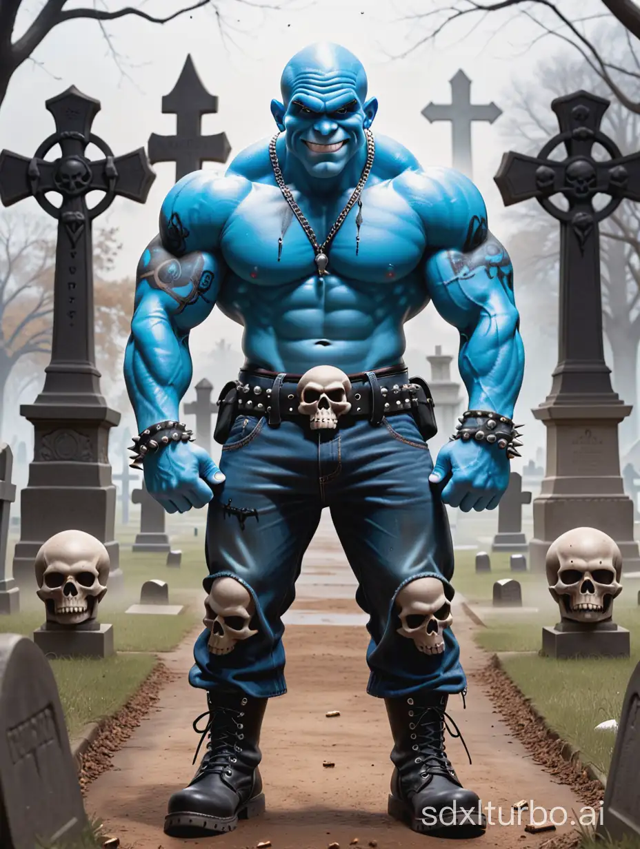 Muscular Smurf with Tattoos in Graveyard Setting | SDXL Free Online