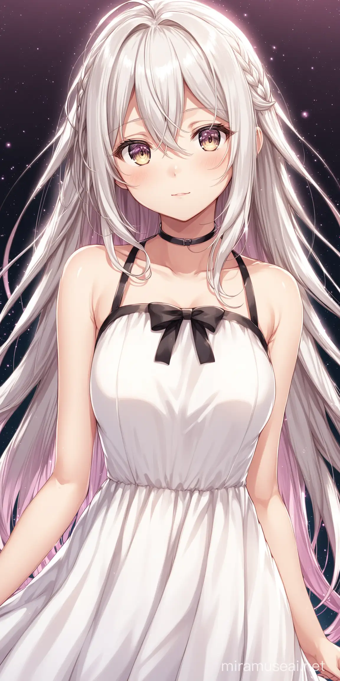 Serene Anime Girl with Silver Hair in White Dress