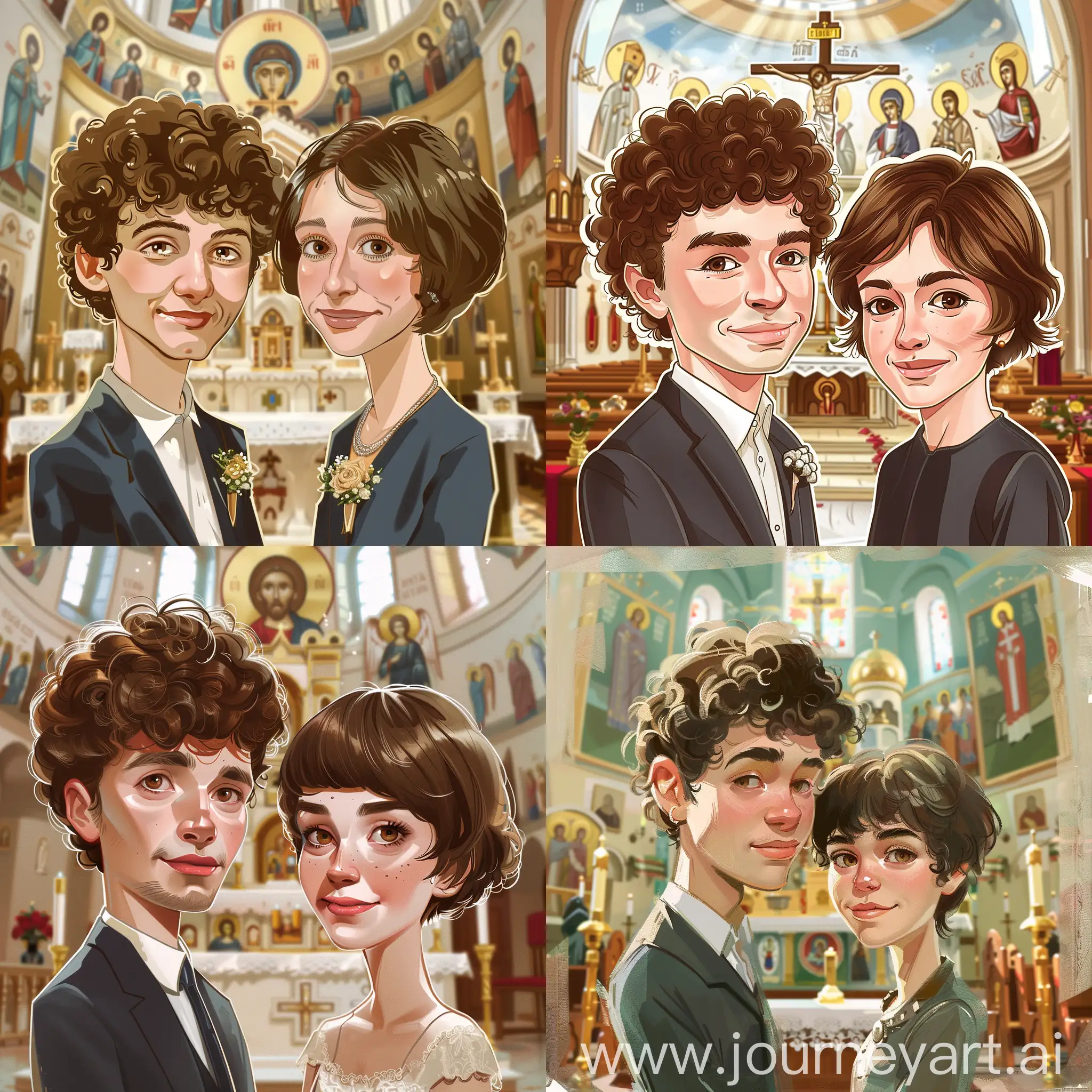 Cute cartoonish caricatures of a young couple getting married in a front of the alter inside of a Serbian Orthodox Church. The young man has brown curly hair and the young woman has short brown hair.