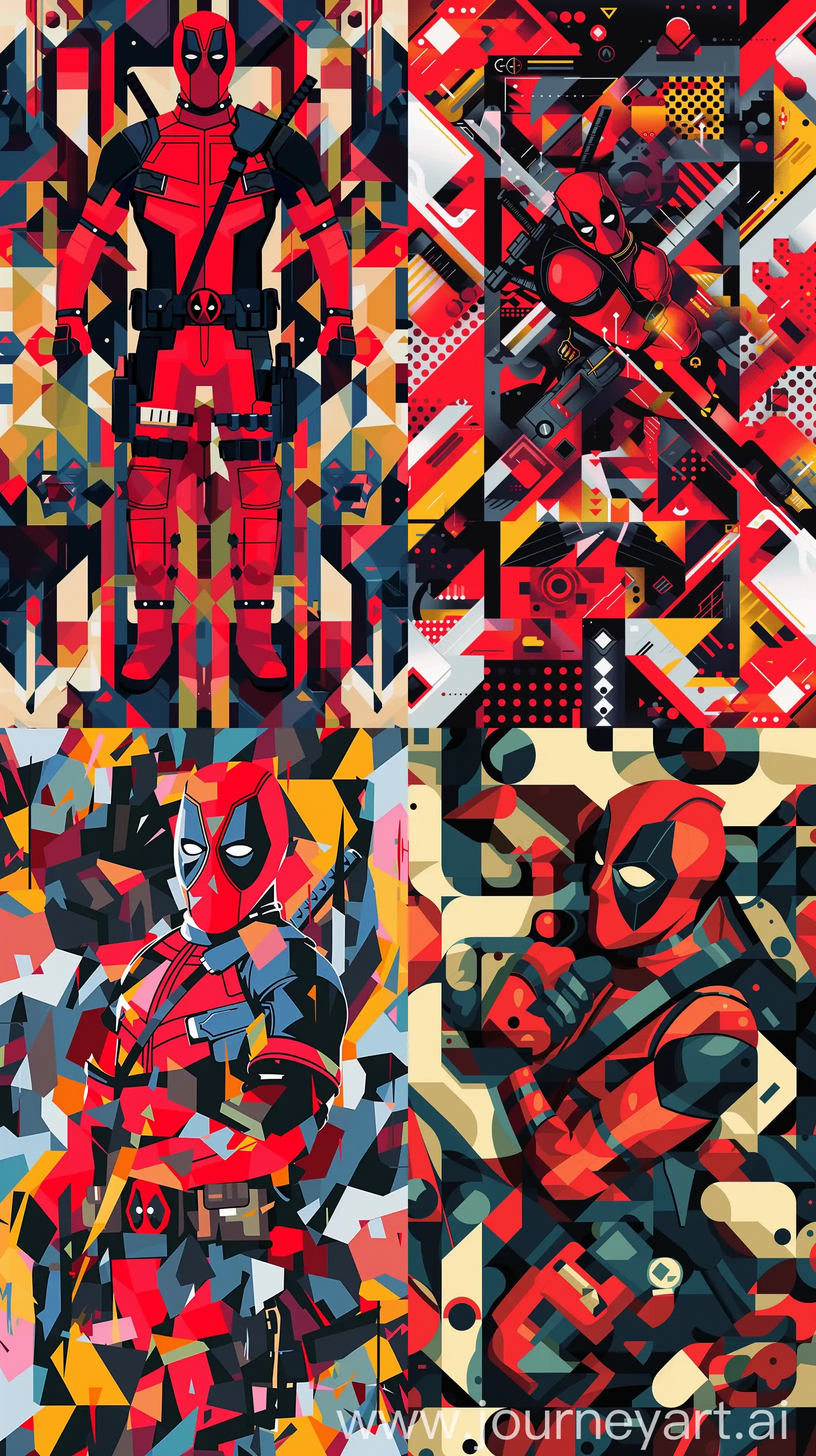 Envision a phone wallpaper that infuses Natalie du Pasquier's bold and colorful design language with the irreverent charm of Deadpool. Picture a pattern of interlocking shapes and vibrant blocks of color that form an abstract representation of Deadpool's iconic red and black suit, with subtle hints of his weapons and gear integrated into the geometric design. The result is a playful and visually arresting homage to the superhero that doubles as a statement piece for your phone. --ar 9:16