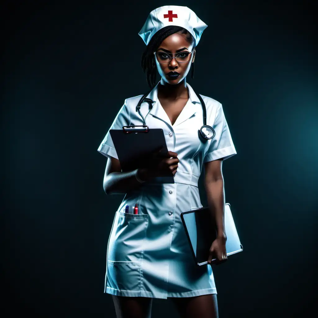  full body shot    sexy african american woman, wearing a  nurse outfit , looking evil , glasses and clipboard   moving, semi-realistic, cyberpunk style