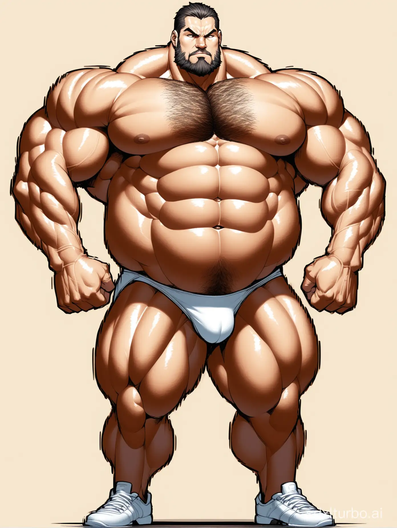 White skin and massive muscle stud, much bodyhair. Huge and giant and Strong body. Very Long and strong legs. 2m tall. very Big Chest. very Big biceps. 8-pack abs. Very Massive muscle Body. Wearing underwear. he is giant tall. very fat. very fat. very fat. Full Body diagram. very long strong legs.very long legs.very long legs. raise his arms to show his huge biceps. wearing white shoes. raise his arms to show his huge biceps.very old man.very old men.