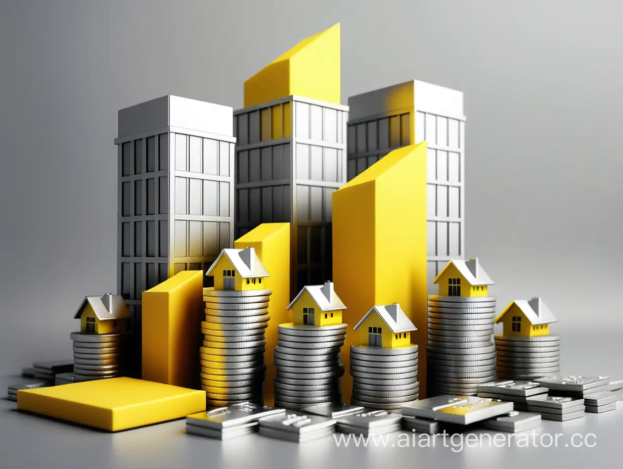 инвестиции в коммерческую недвижимость, желтые детали в серебре, серый фон