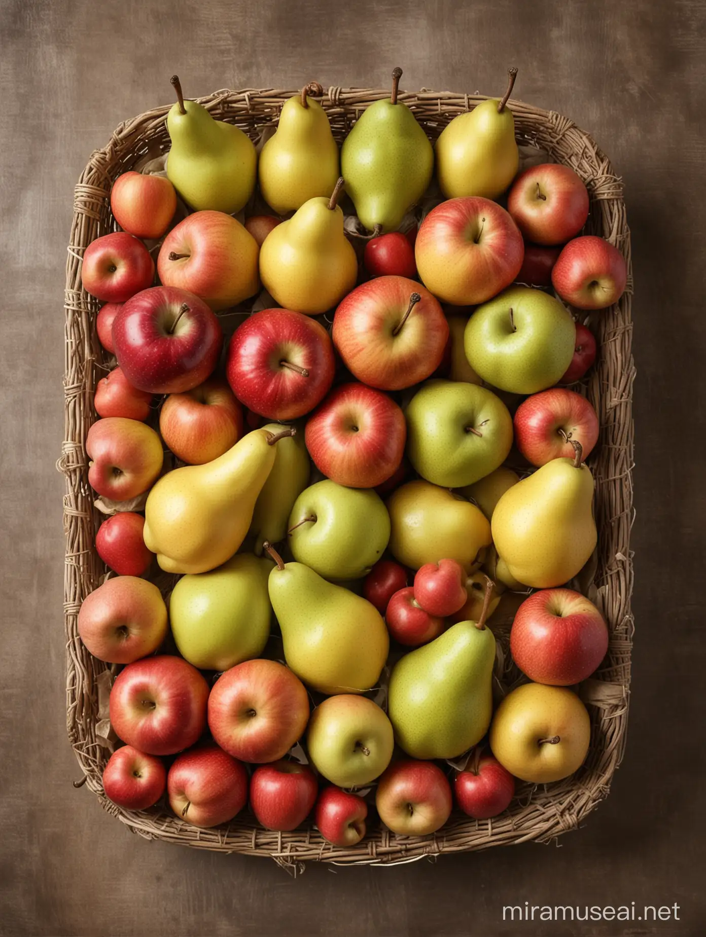 Pears and apples on the side, fruit composition, naturalistic , fruit size fixed, photo