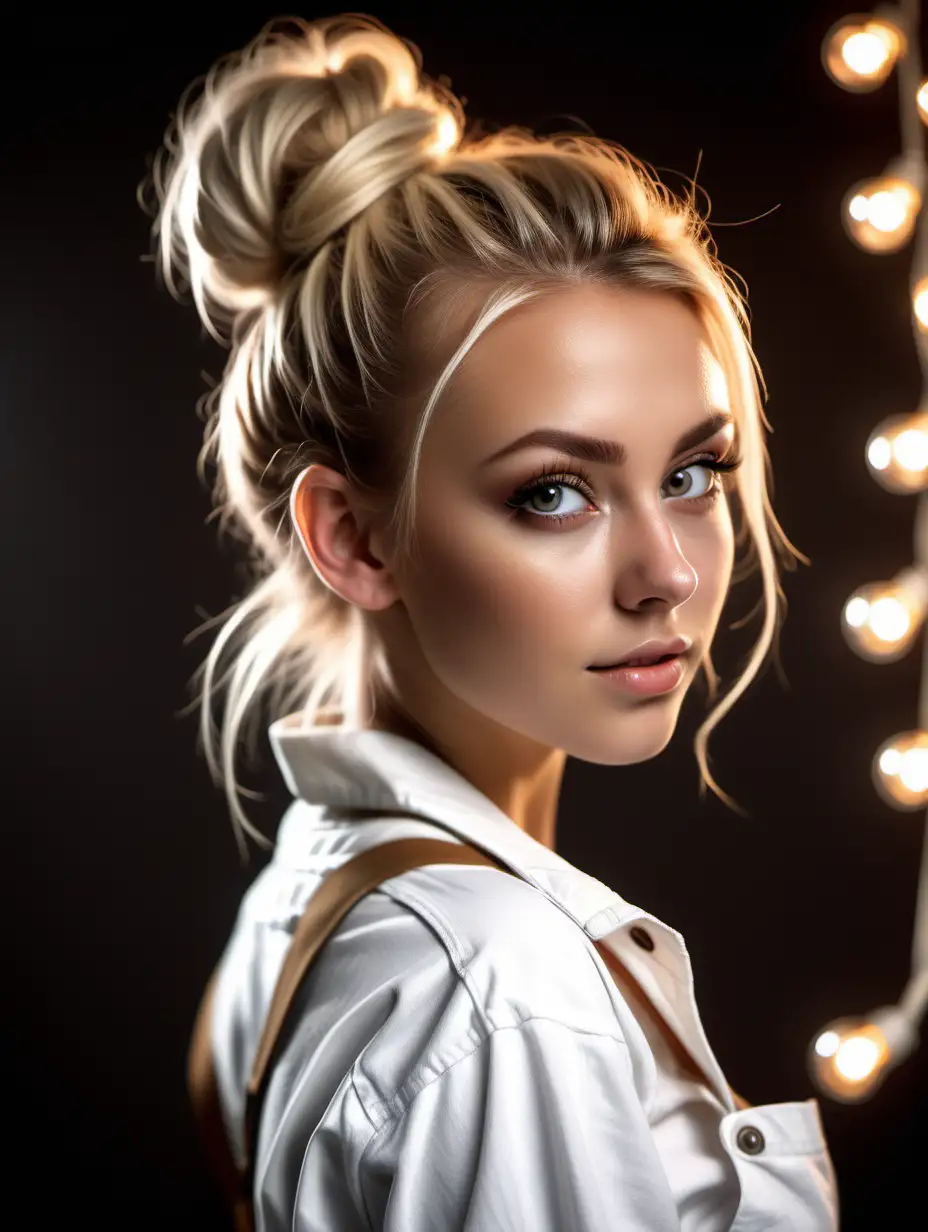 Beautiful Nordic woman, very attractive face, detailed eyes, big breasts, slim body, dark eye shadow, messy blonde hair in a big top bun, tanned skin, wearing white overalls, close up, bokeh background, soft light on face, rim lighting, facing away from camera, looking back over her shoulder, white background with hanging lights, photorealistic, very high detail, extra wide photo, full body photo, aerial photo