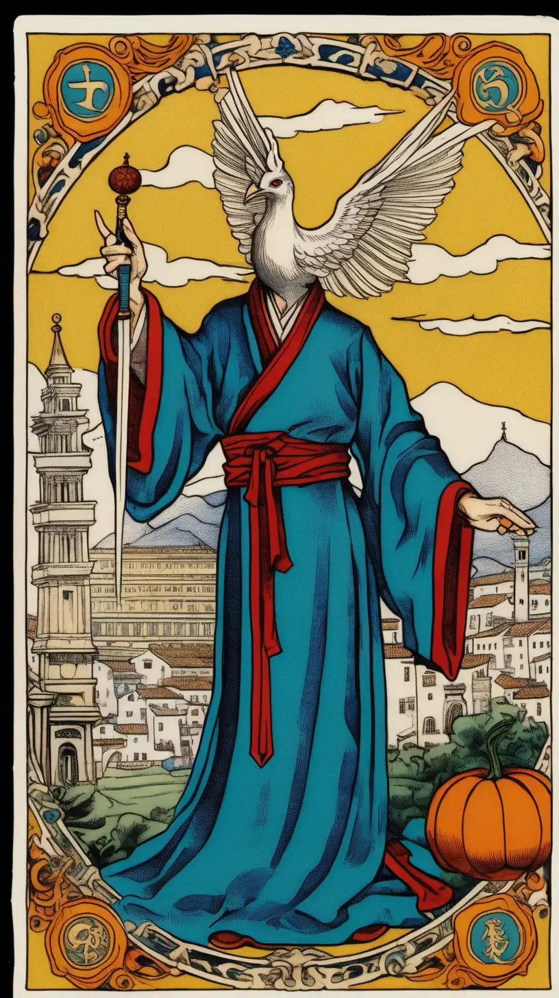 A Tarot card from the Marseille deck, showcasing the number 5 in the upper left corner, depicts the Hierophant, clad in a Chinese kimono, his countenance boasts an oval and delicate shape, against a backdrop of a blue square, he extends his left hand in a gesture of blessing, while firmly grasping a medieval sword with his right, urrounding him, symbolic elements abound: a majestic phoenix, the iconic city of Venice, the imposing Mount Ventoux, and the allure of a subterranean descent, adornments such as a rose, a butterfly, assorted flowers, and a pumpkin, alongside the steadfast presence of a bull, further enrich the intricate tapestry of meaning within the card