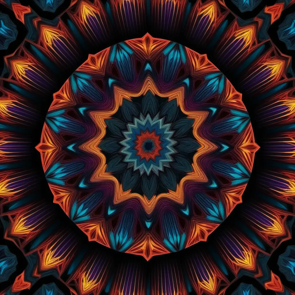 Vibrant Kaleidoscope Design with Dark Lines on Black Background