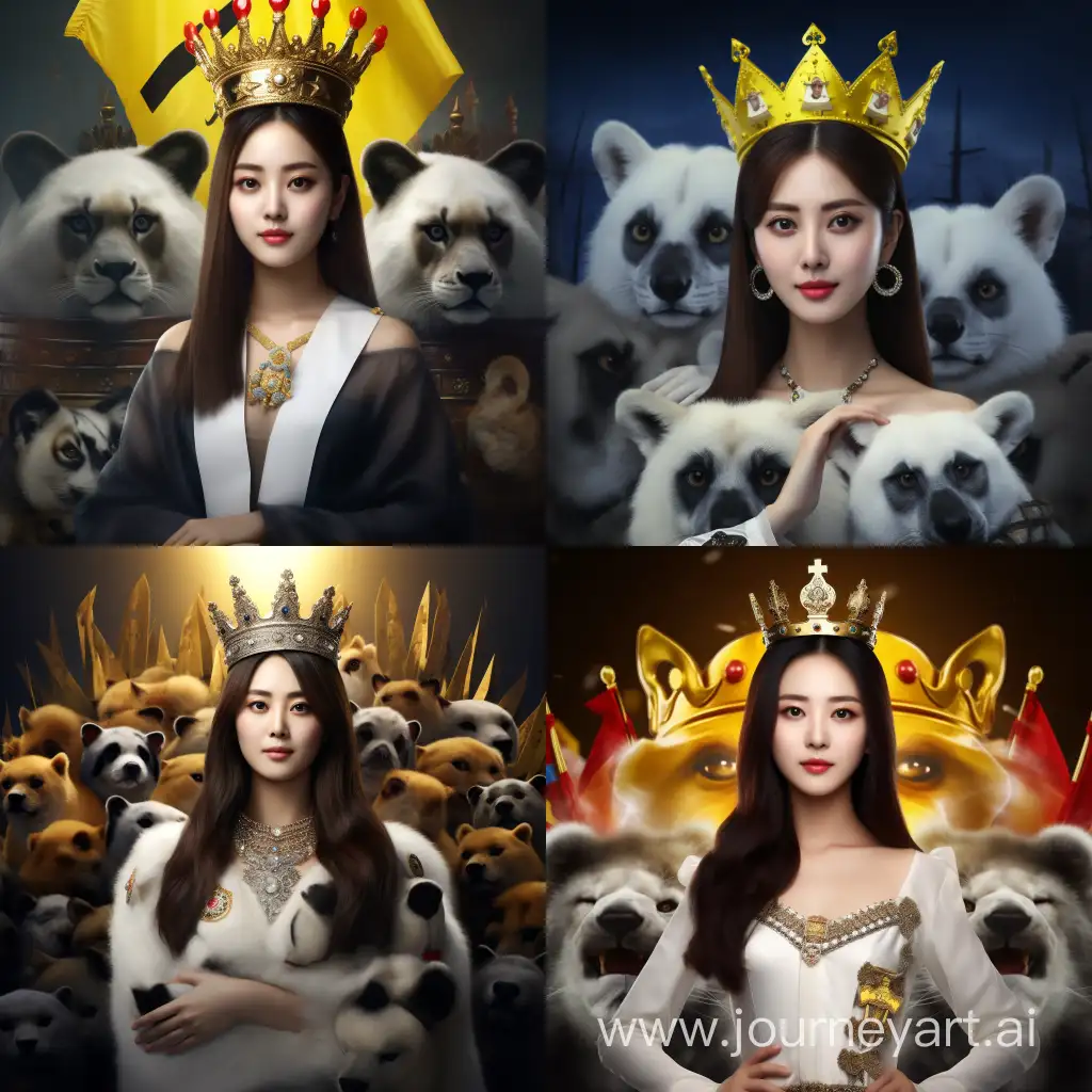 Create me an image photoriastic at eye level master shot of a beautiful young black and white female panda wearing yellow golden crown on her head and wearing South Korean flag on her body. She works in beauty salon and there are care and beauty products next to her. 